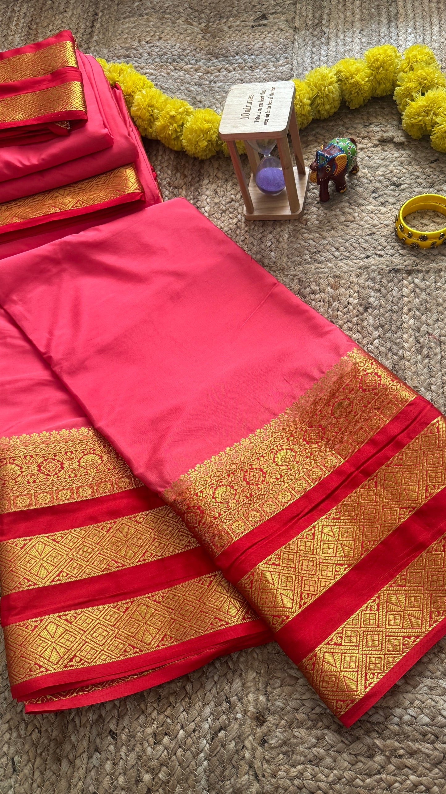 Semi Silk Saree - Peach and Red