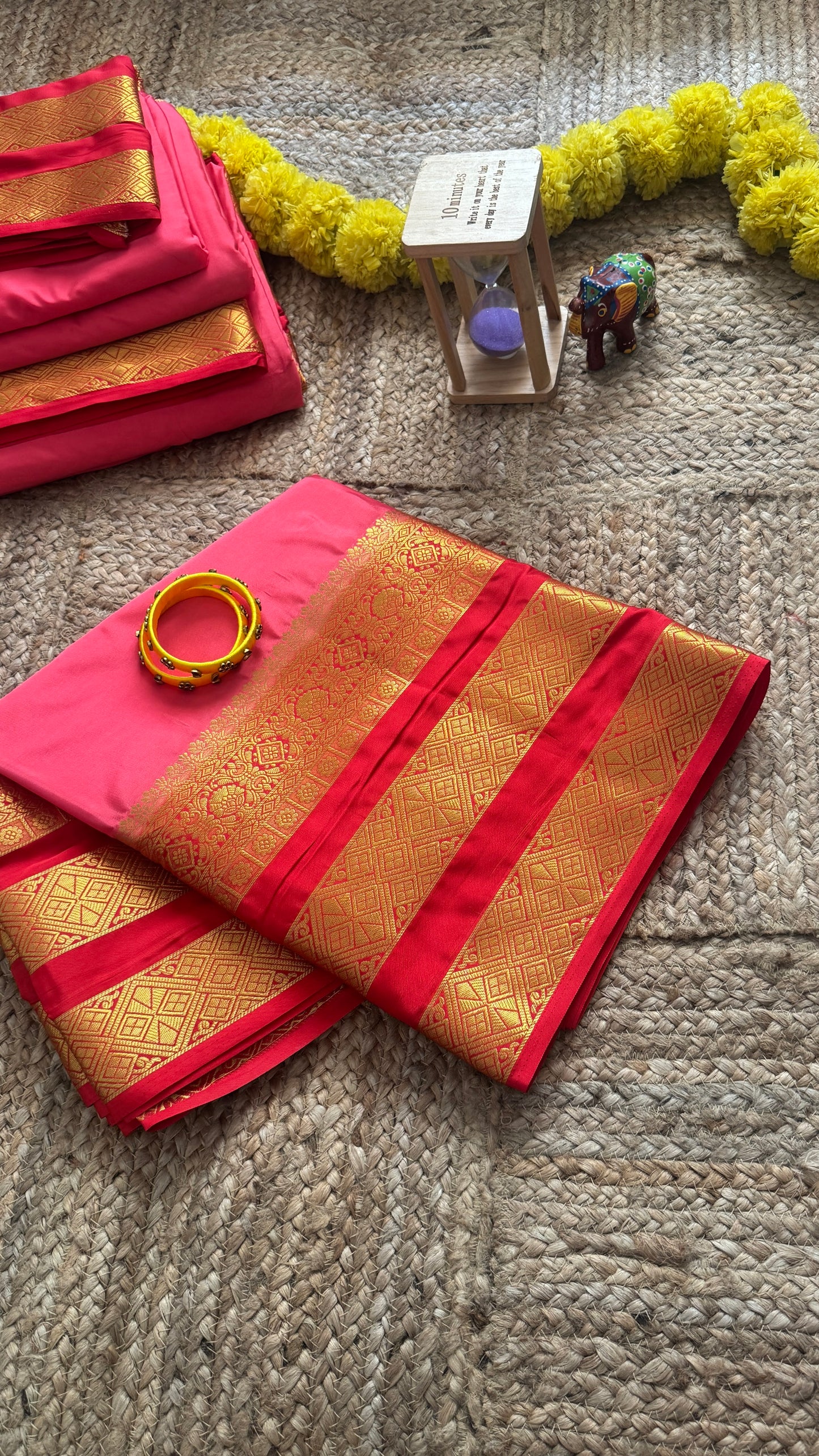 Semi Silk Saree - Peach and Red
