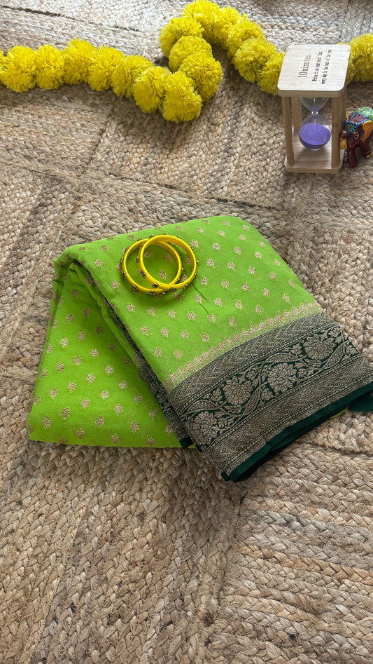 Khaddi Georgette - Parrot Green and Dark Green