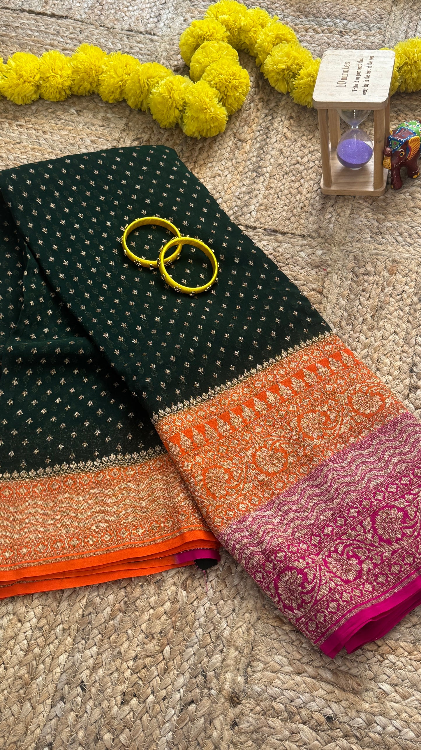 Khaddi Georgette - Green Orange and Pink