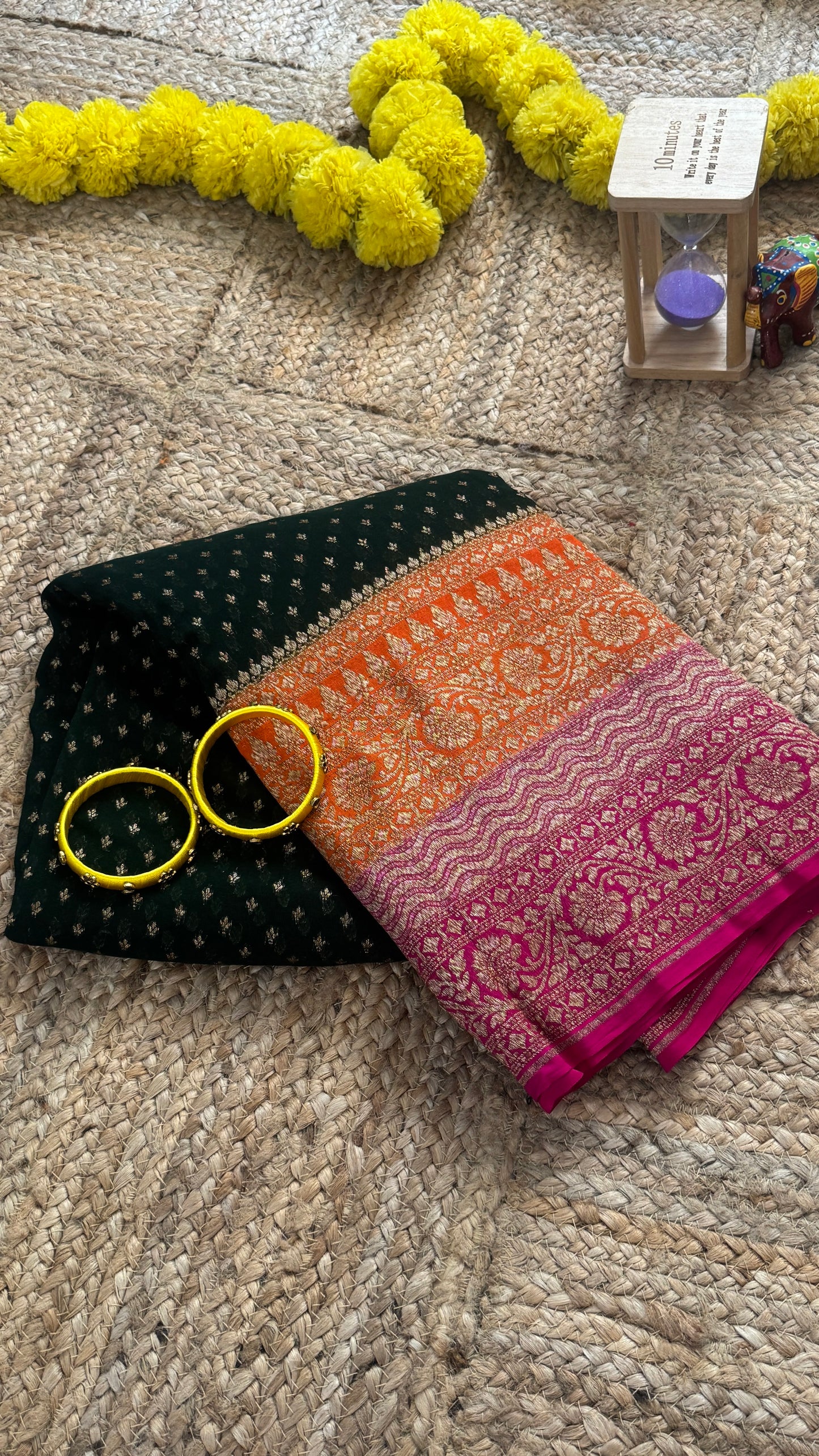 Khaddi Georgette - Green Orange and Pink