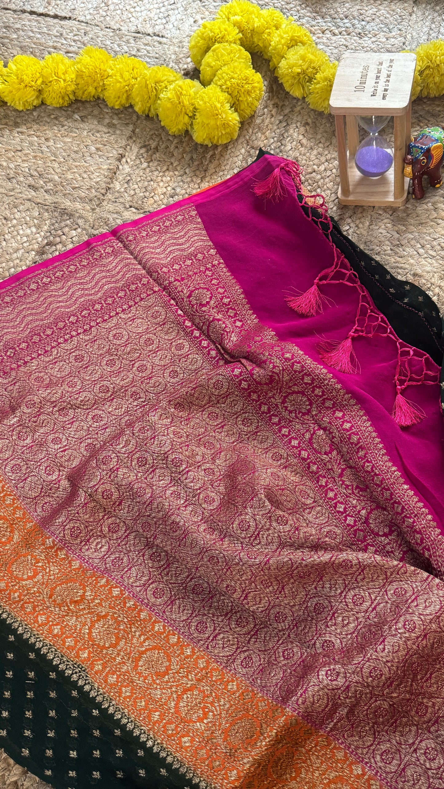 Khaddi Georgette - Green Orange and Pink