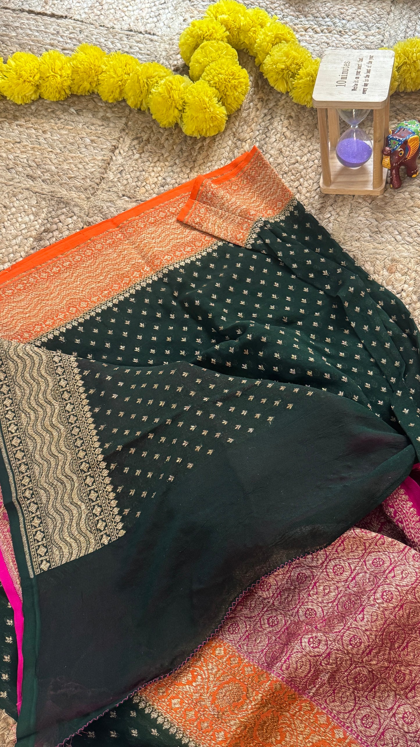 Khaddi Georgette - Green Orange and Pink