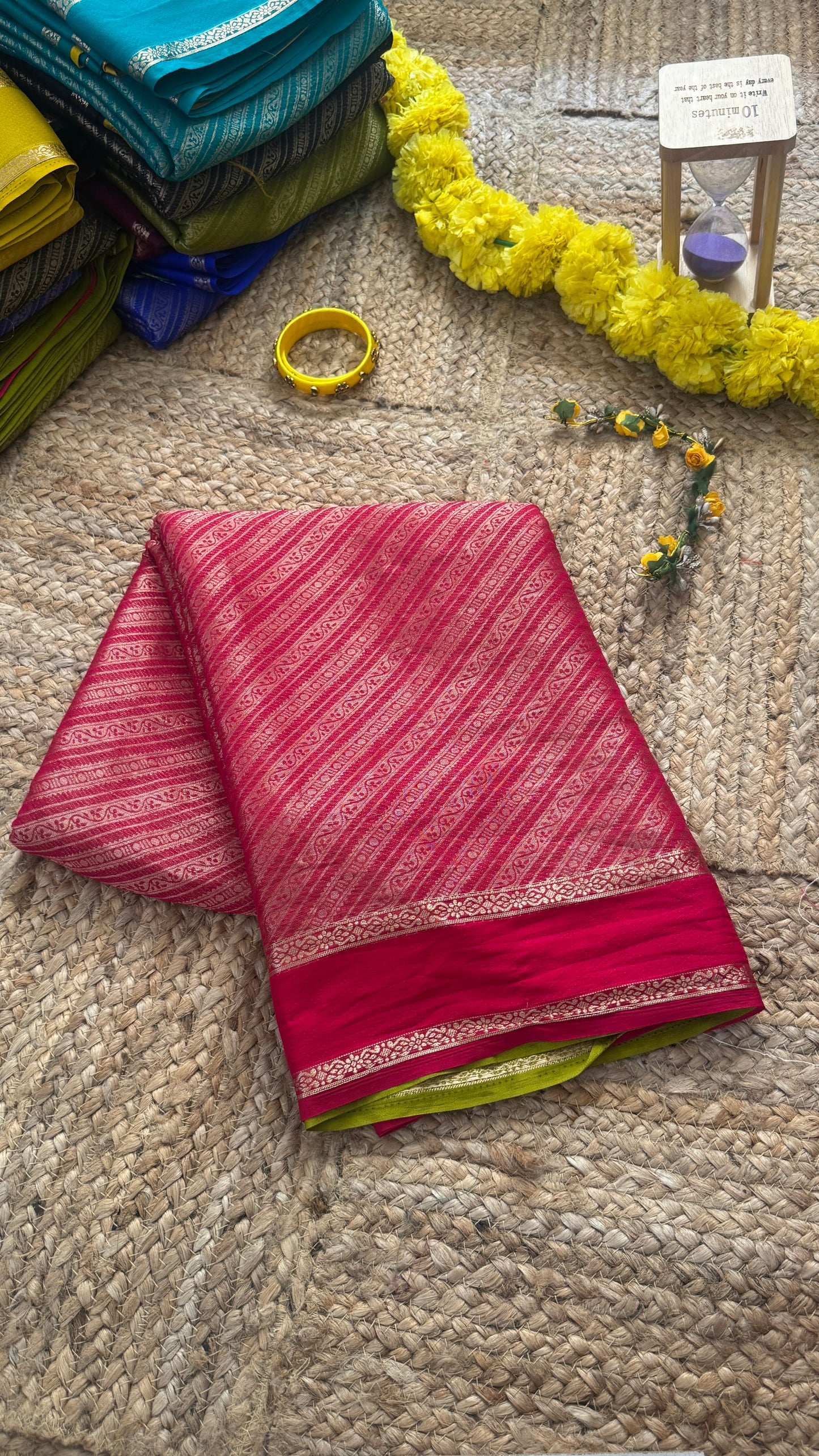 Brocade Sarees with Contrast Blouse - Pink and Mustard