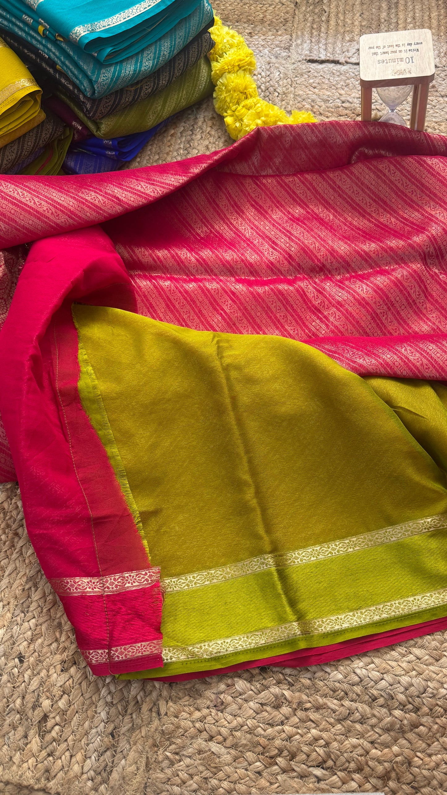 Brocade Sarees with Contrast Blouse - Pink and Mustard