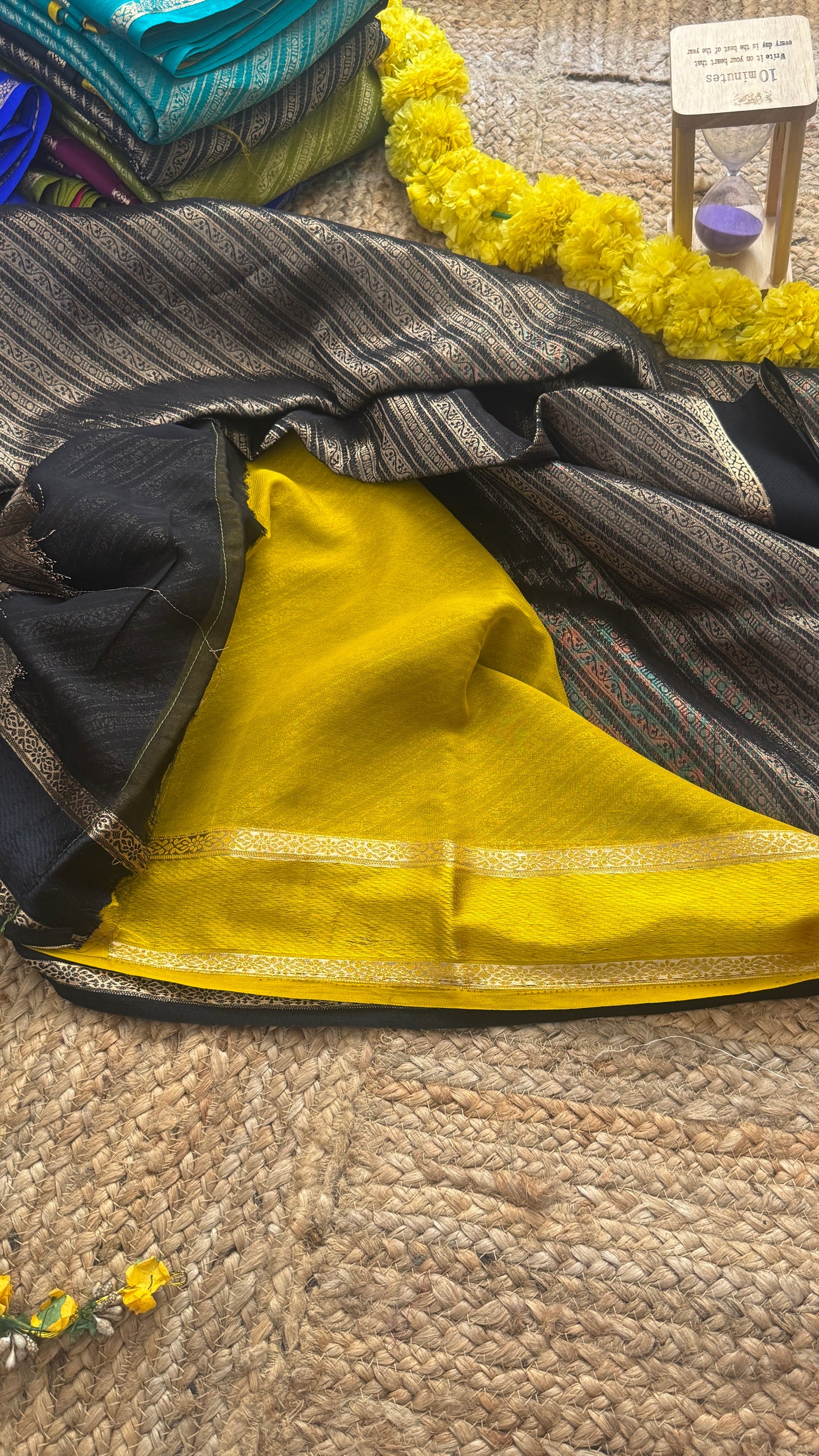 Brocade Sarees with Contrast Blouse - Black and Mustard
