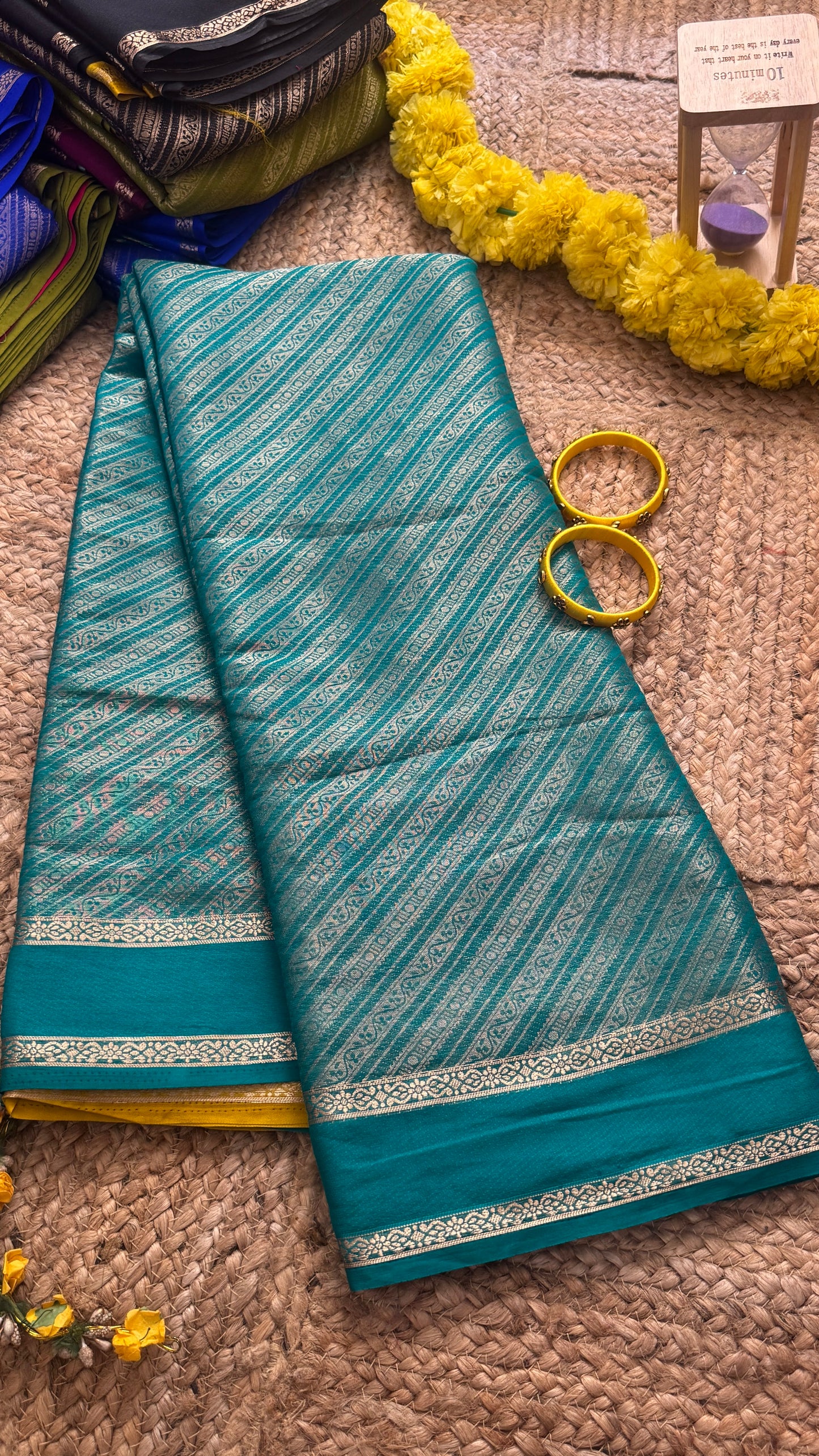 Brocade Sarees with Contrast Blouse - Turquoise and Mustard