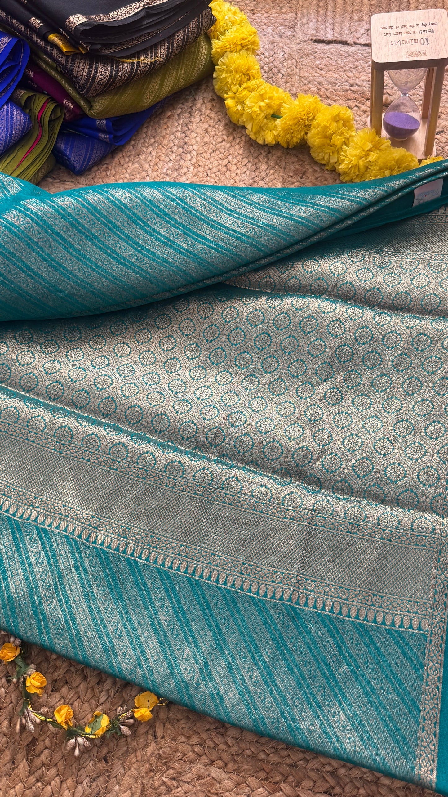 Brocade Sarees with Contrast Blouse - Turquoise and Mustard