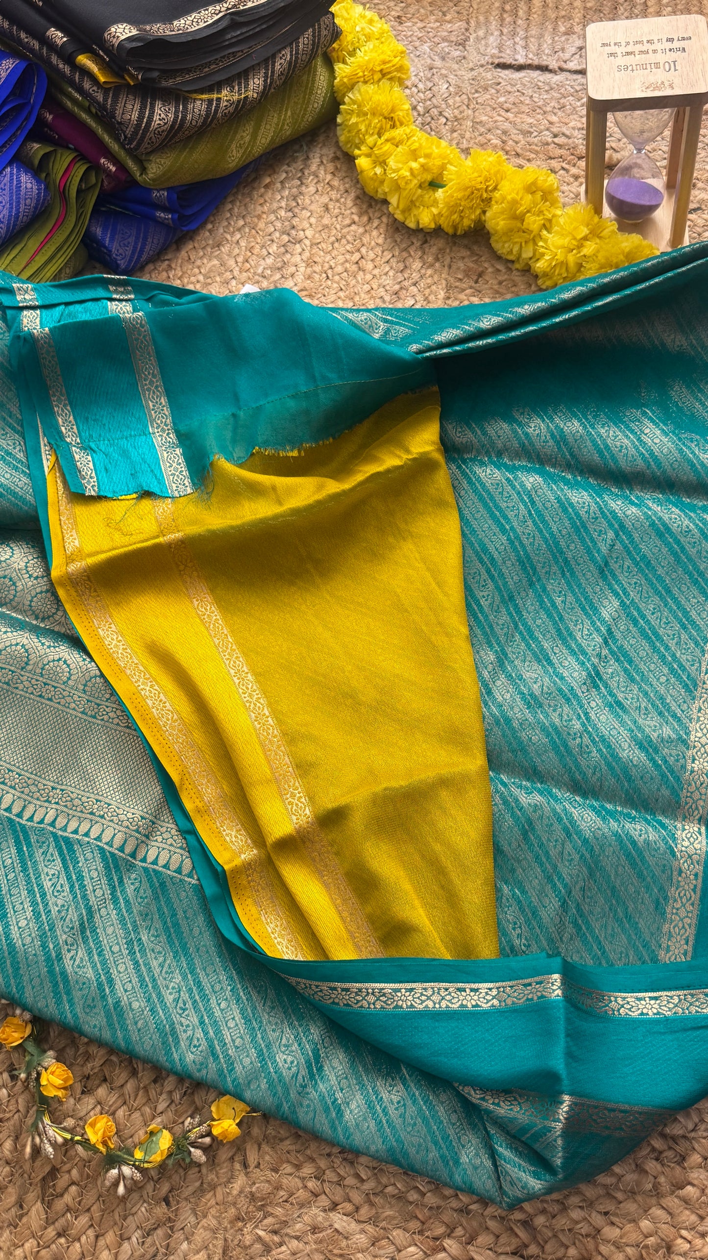 Brocade Sarees with Contrast Blouse - Turquoise and Mustard