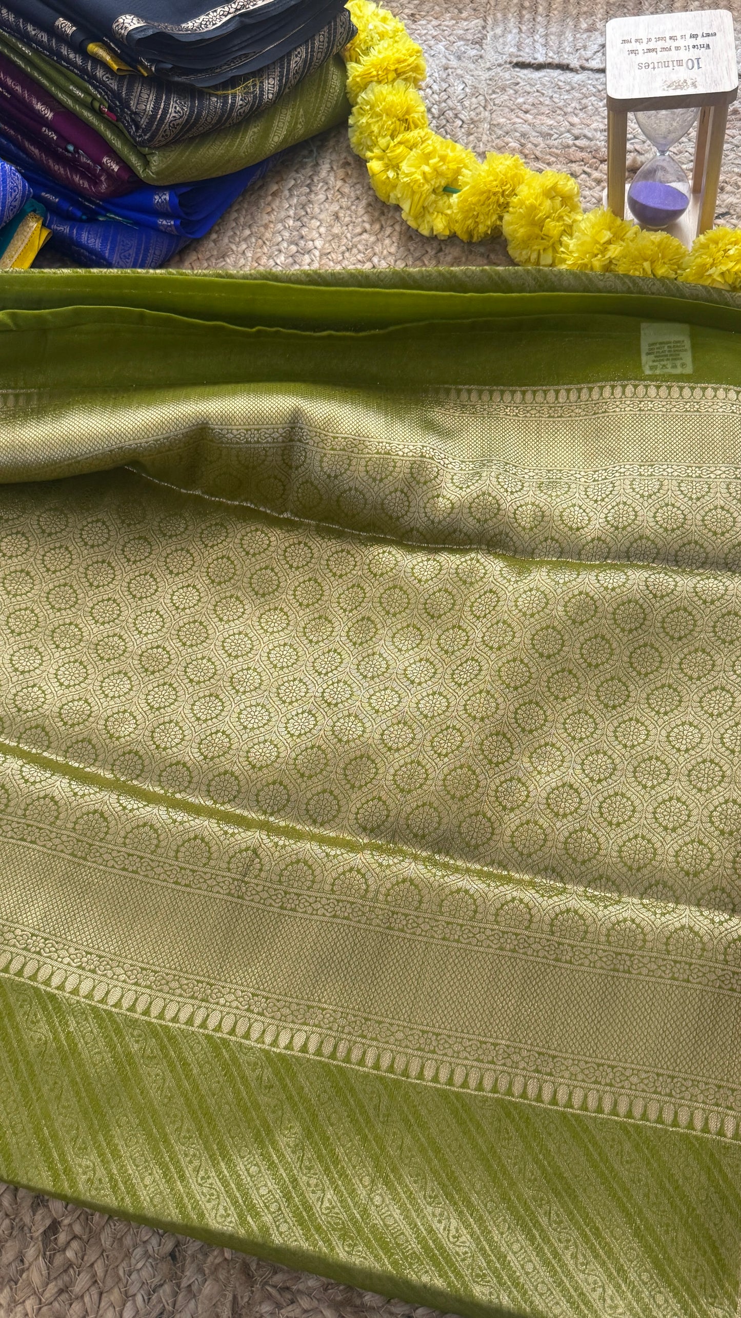 Brocade Sarees with Contrast Blouse - Olive Green and Pink