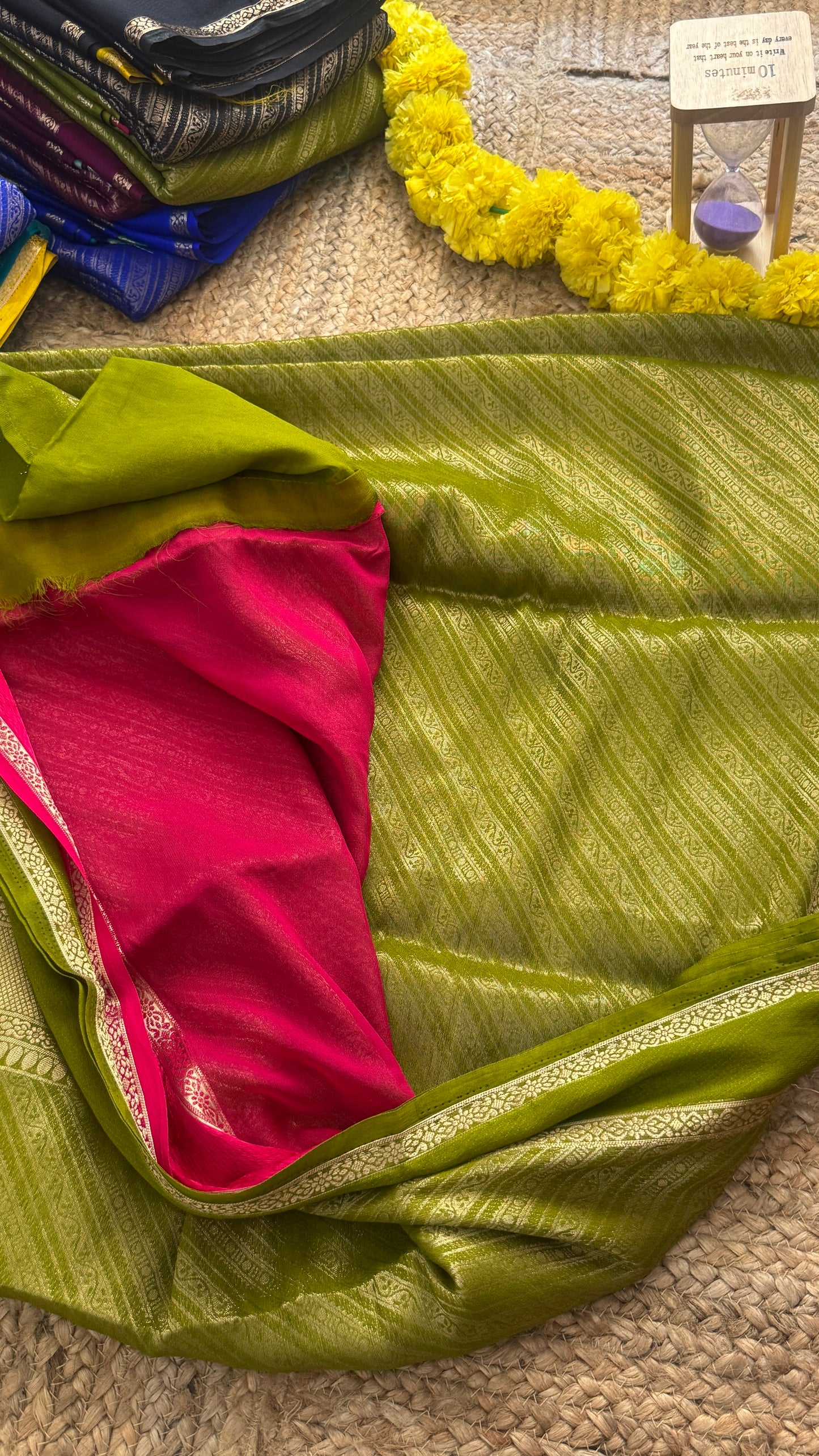 Brocade Sarees with Contrast Blouse - Olive Green and Pink