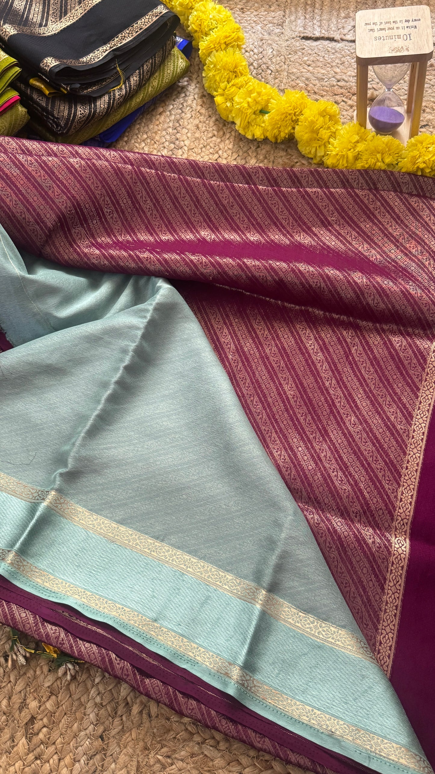 Brocade Sarees with Contrast Blouse - Burgundy and Sky Blue