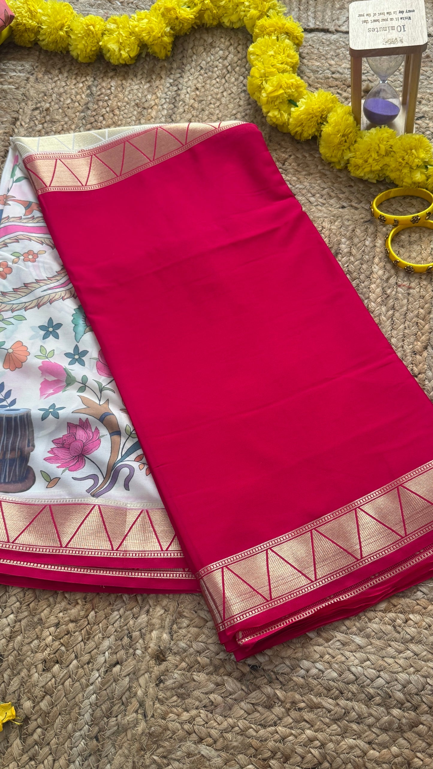 Kalamakari Pink & Off white Silk Saree
