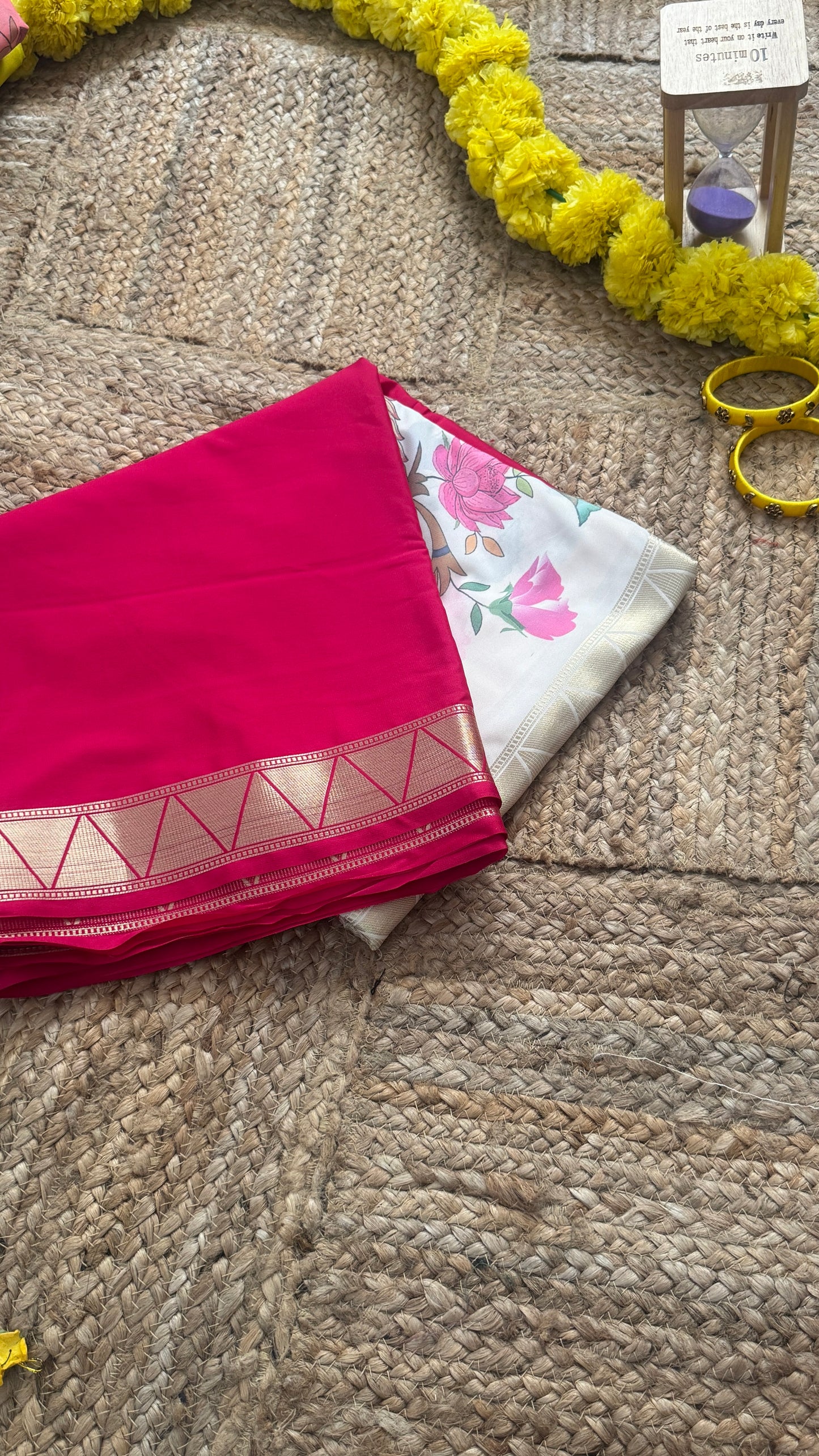 Kalamakari Pink & Off white Silk Saree