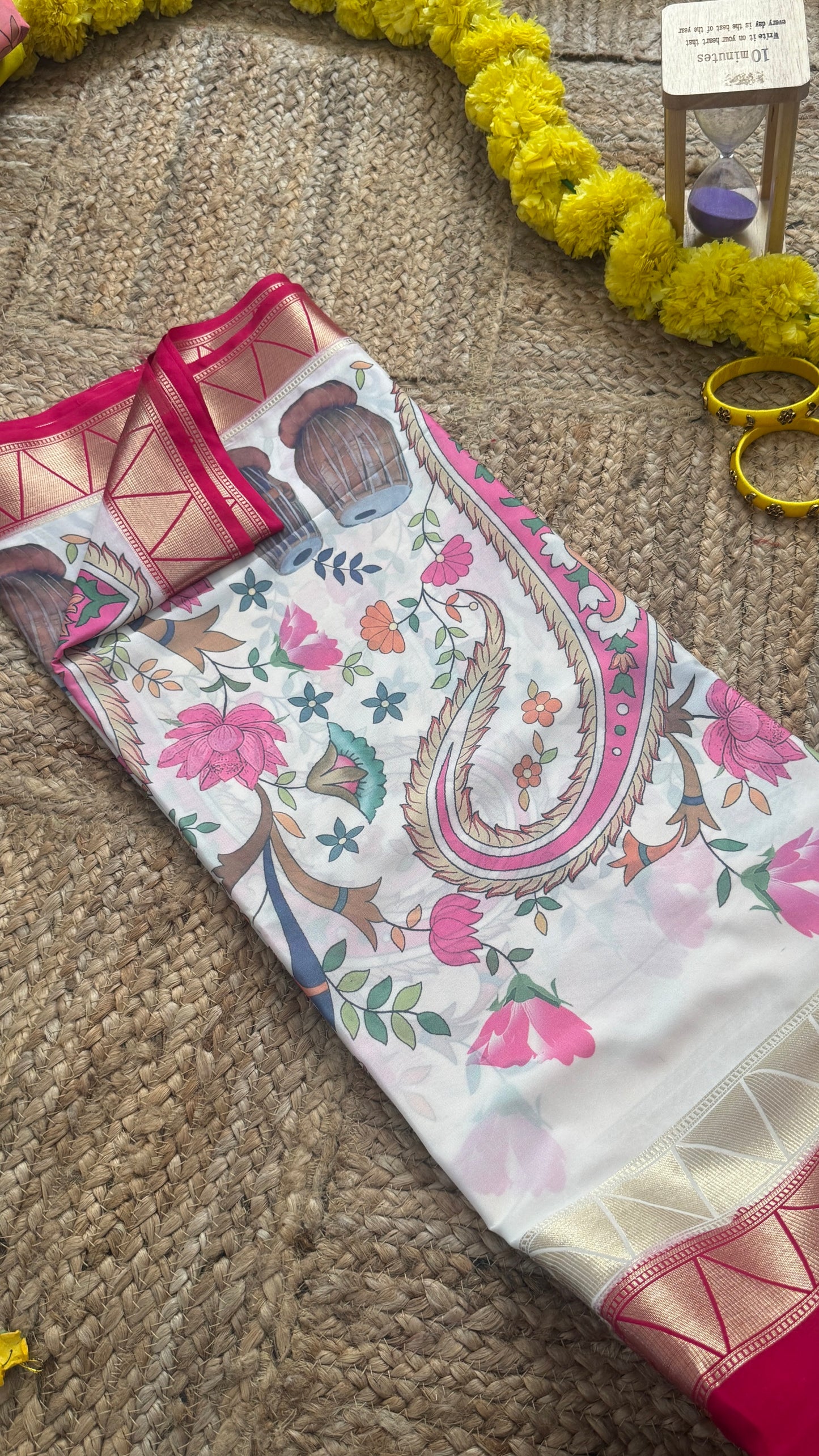 Kalamakari Pink & Off white Silk Saree