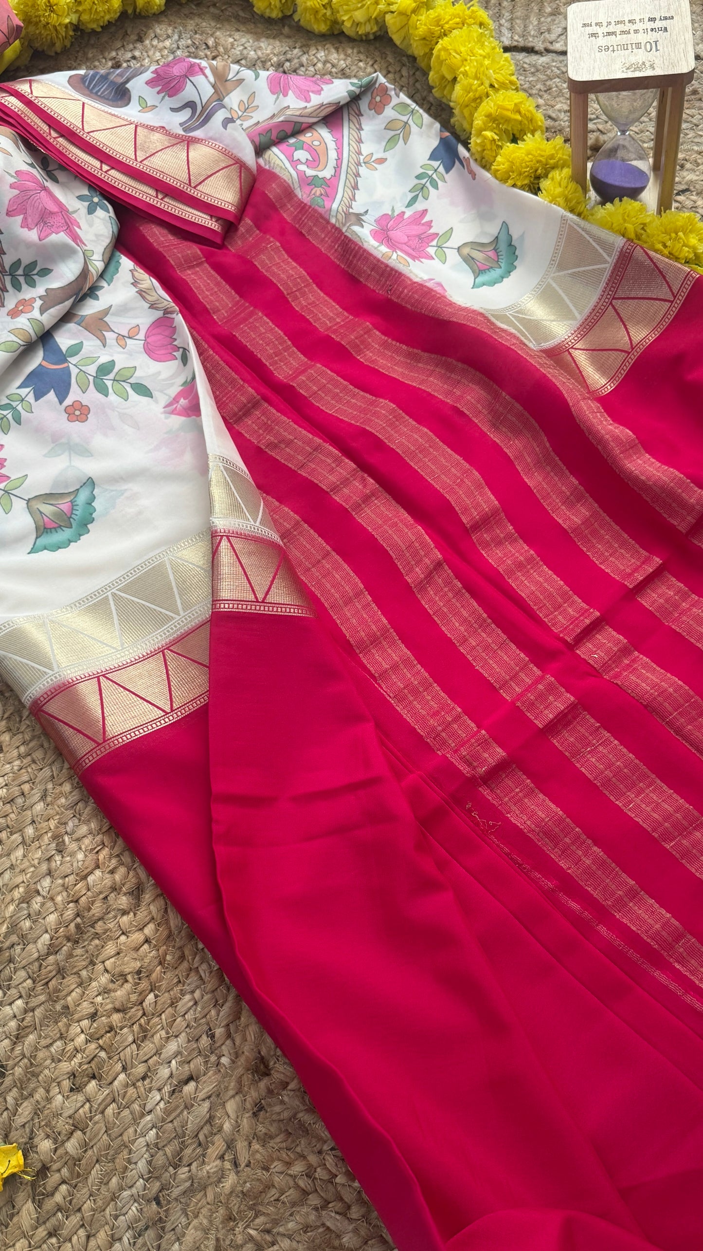 Kalamakari Pink & Off white Silk Saree