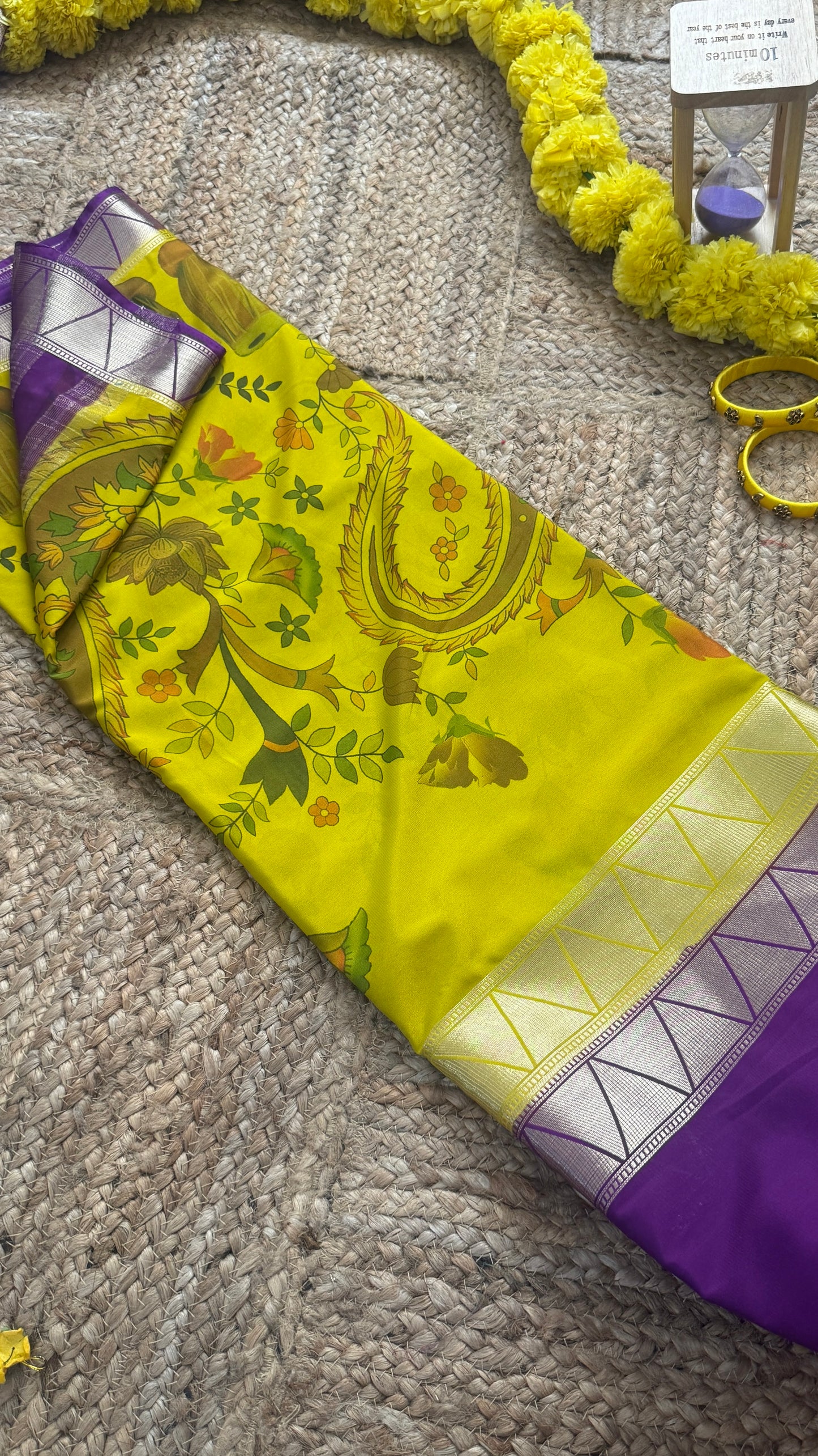 Kalamakari Purple + Mustard Crepe Silk Saree
