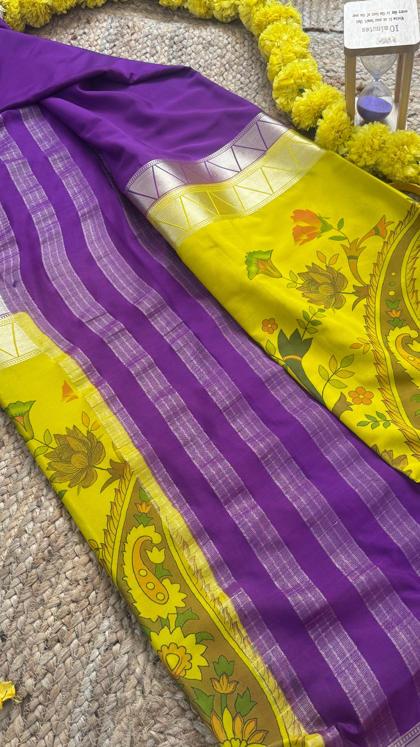 Kalamakari Purple + Mustard Crepe Silk Saree