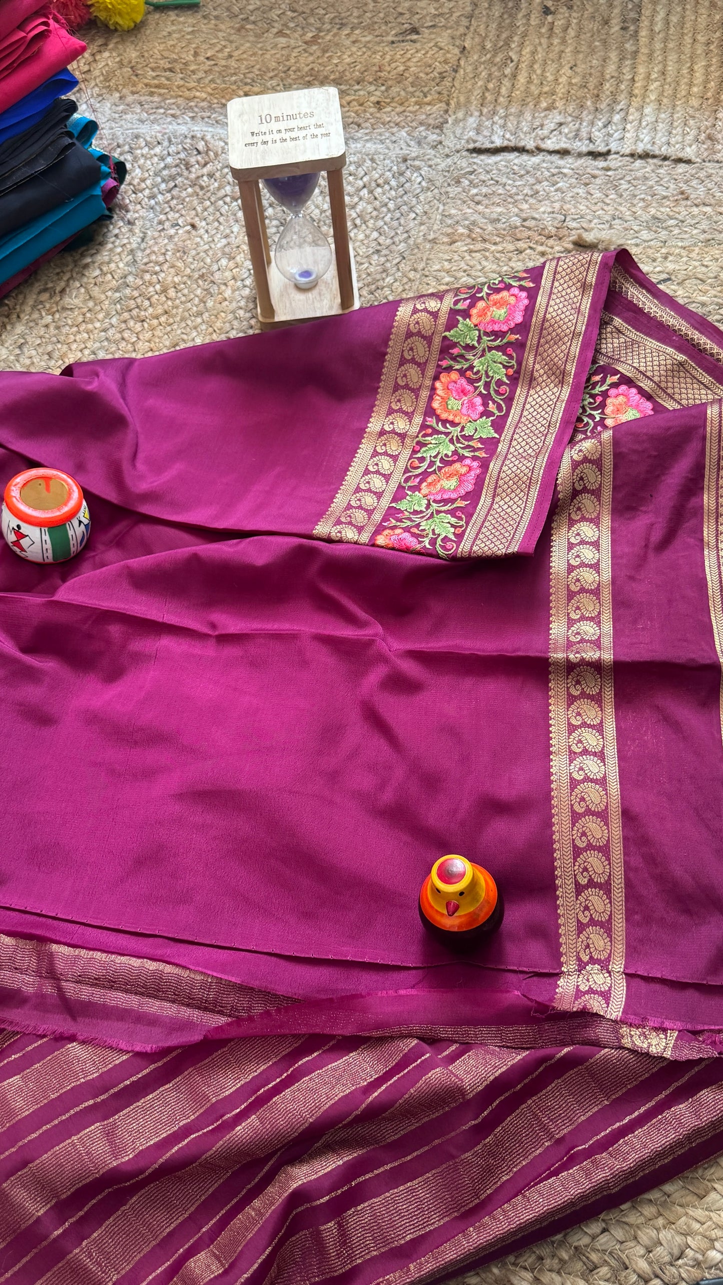 Semi Crepe Silk with Embroidery Floral Print Boarder - Maroon