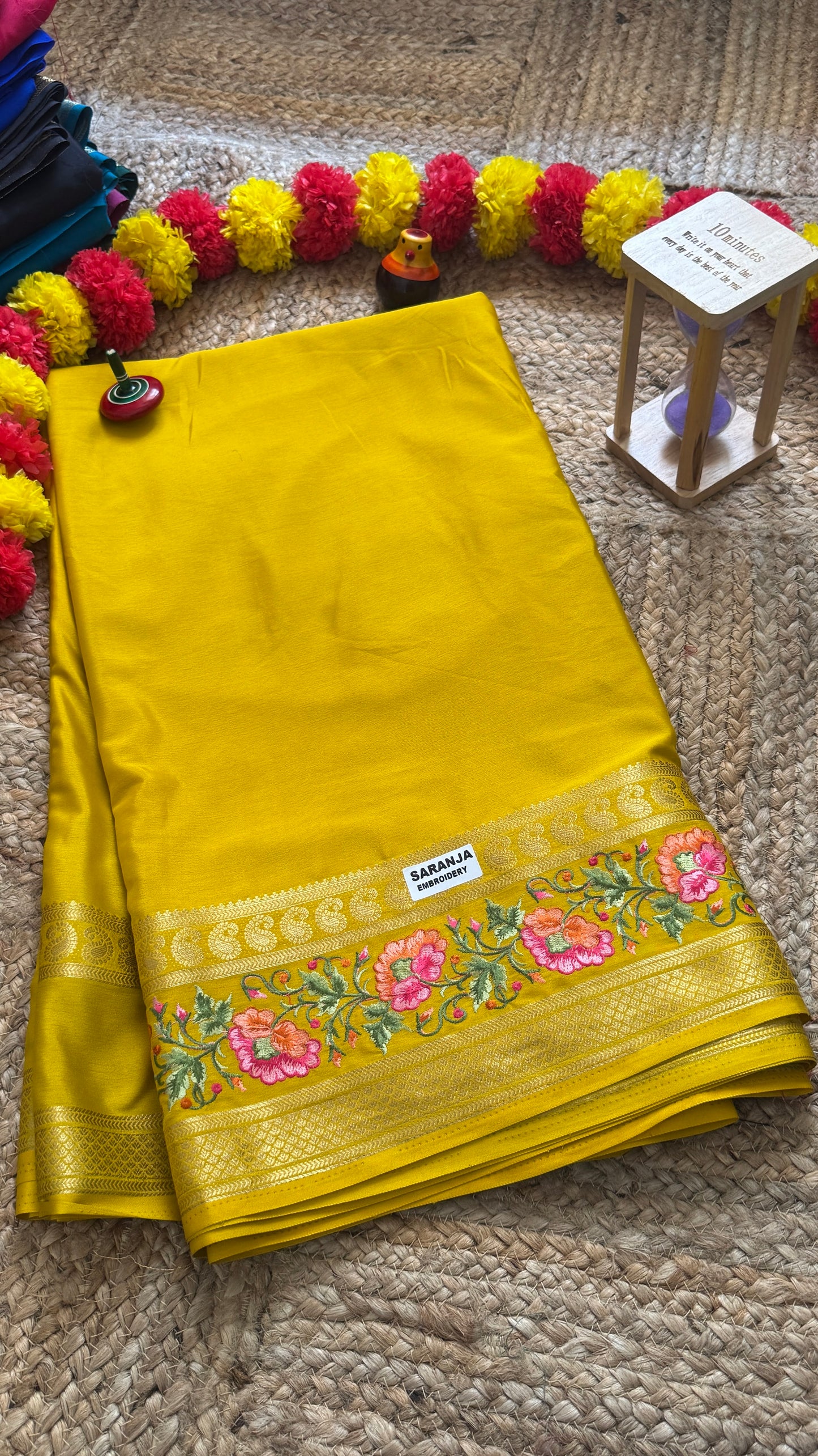 Semi Crepe Silk with Embroidery Floral Print Boarder - Mustard