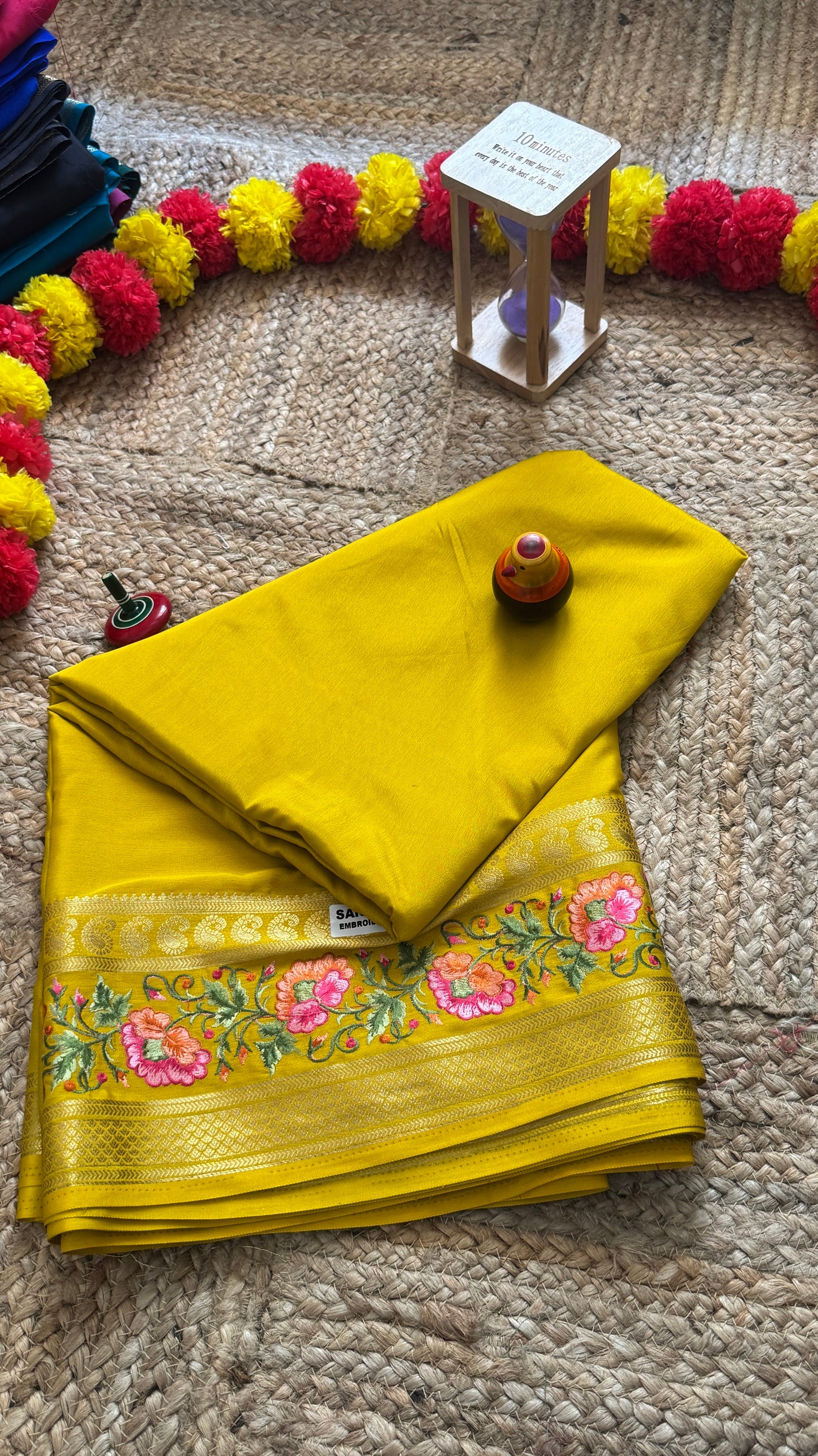 Semi Crepe Silk with Embroidery Floral Print Boarder - Mustard