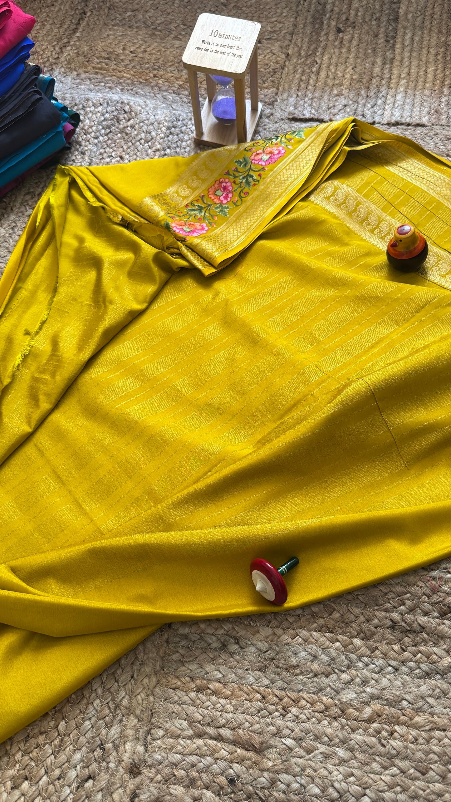 Semi Crepe Silk with Embroidery Floral Print Boarder - Mustard