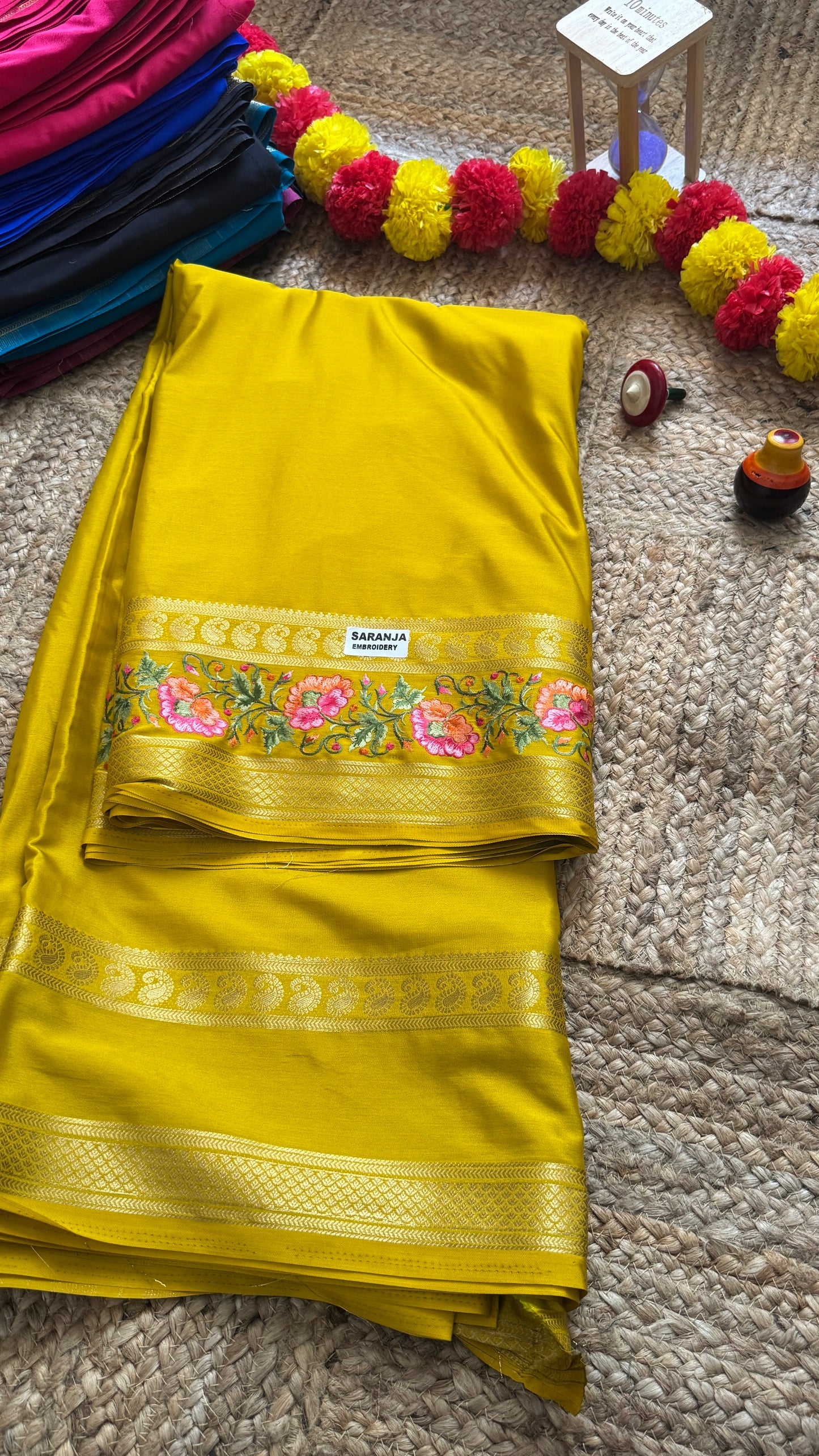 Semi Crepe Silk with Embroidery Floral Print Boarder - Mustard
