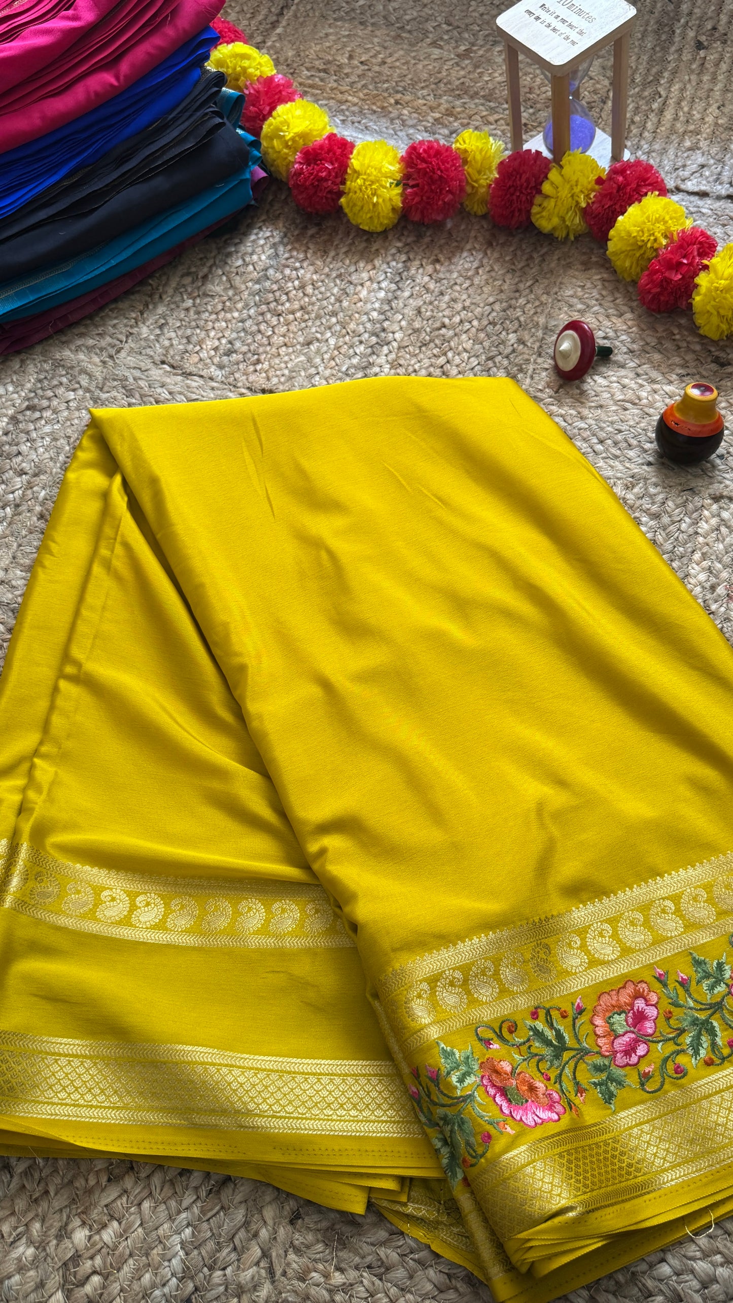 Semi Crepe Silk with Embroidery Floral Print Boarder - Mustard