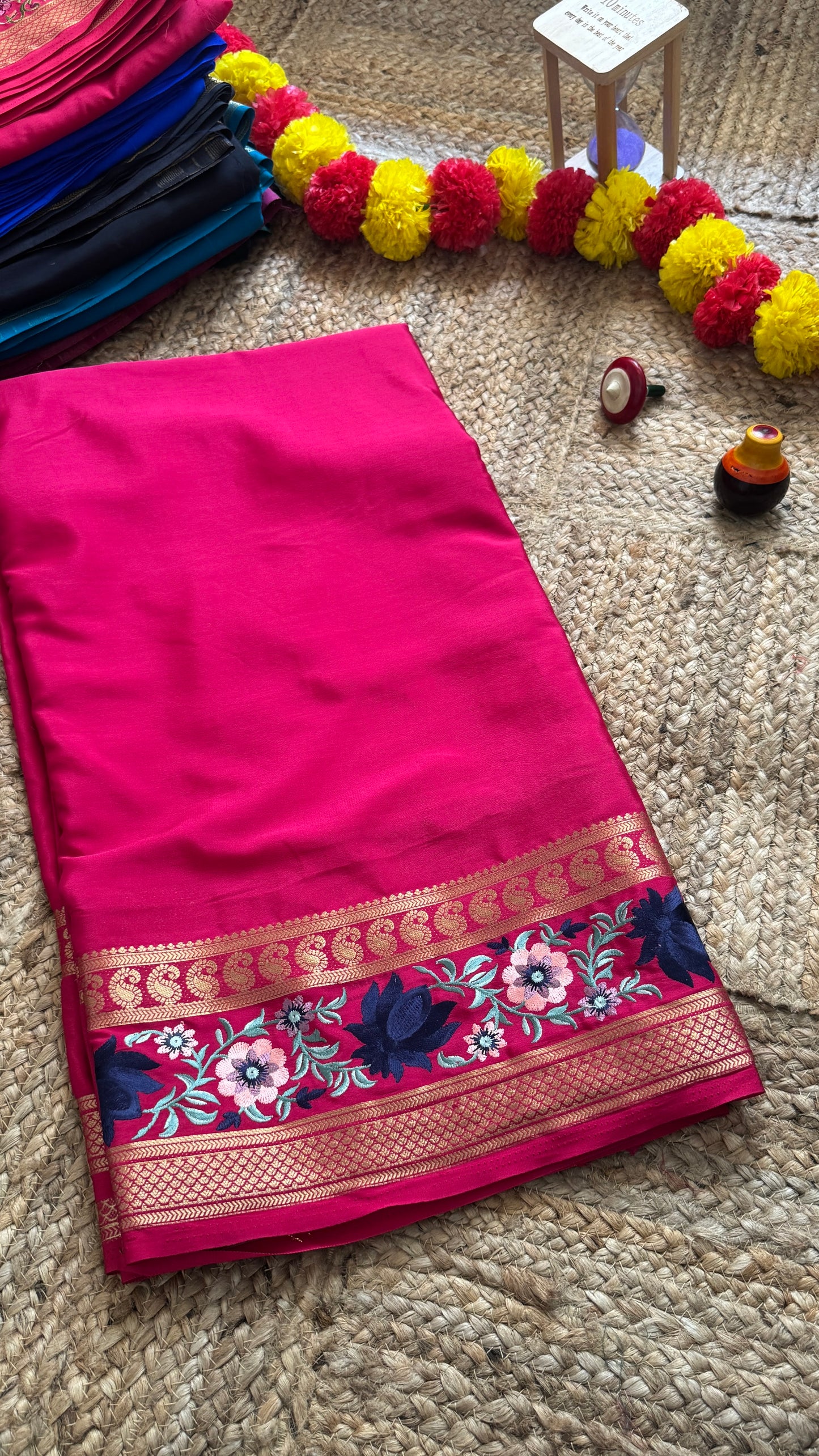 Semi Crepe Silk with Embroidery Floral Print Boarder - Pink
