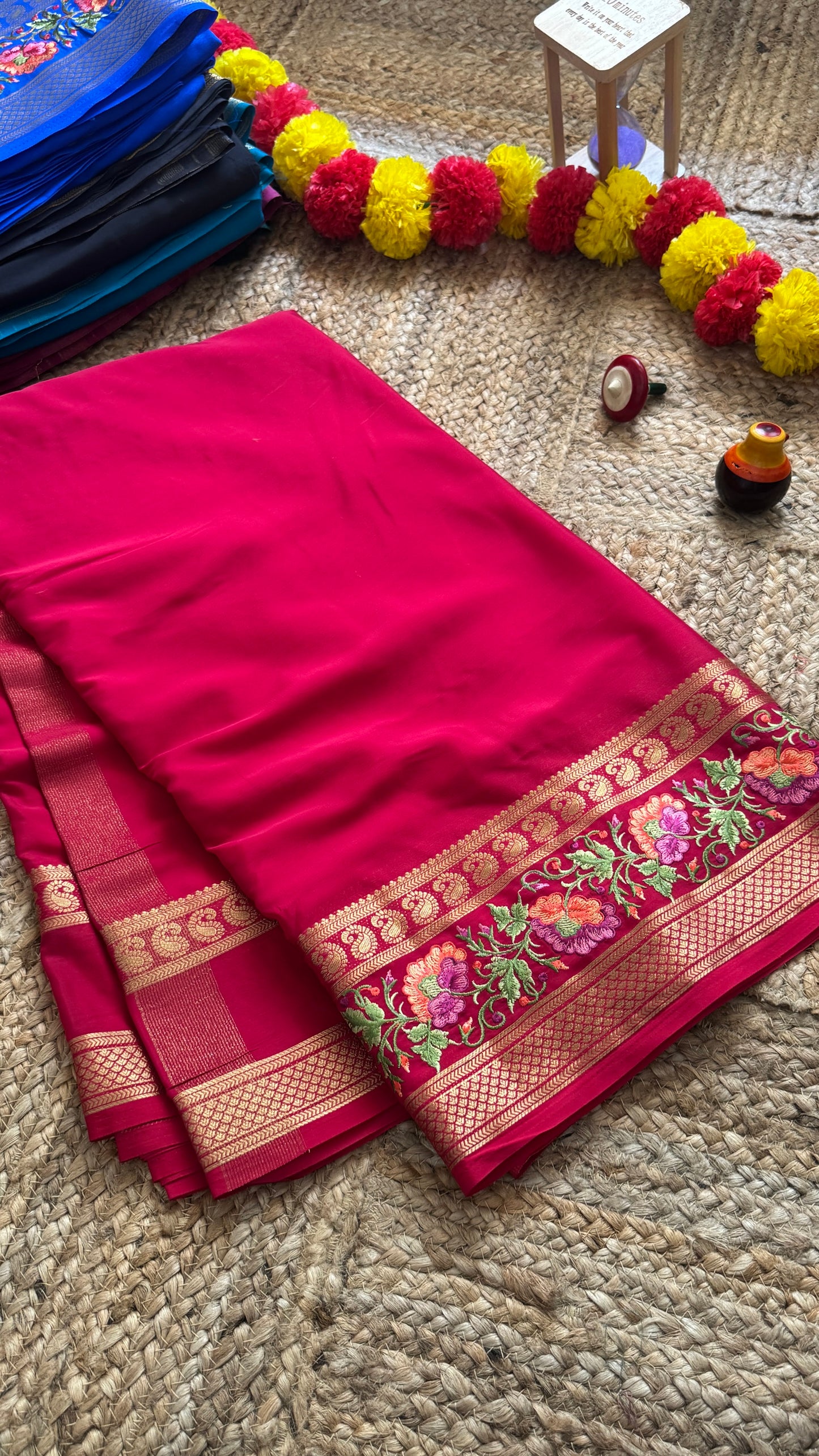 Semi Crepe Silk with Embroidery Floral Print Boarder - Pink