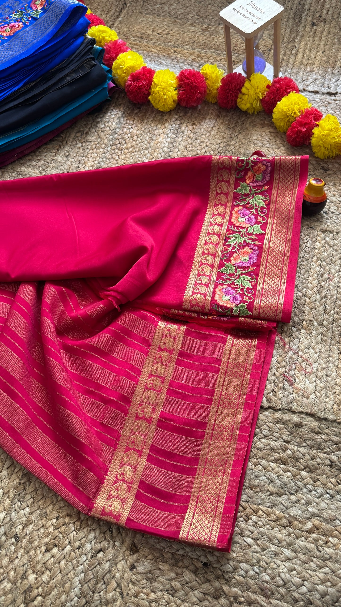 Semi Crepe Silk with Embroidery Floral Print Boarder - Pink