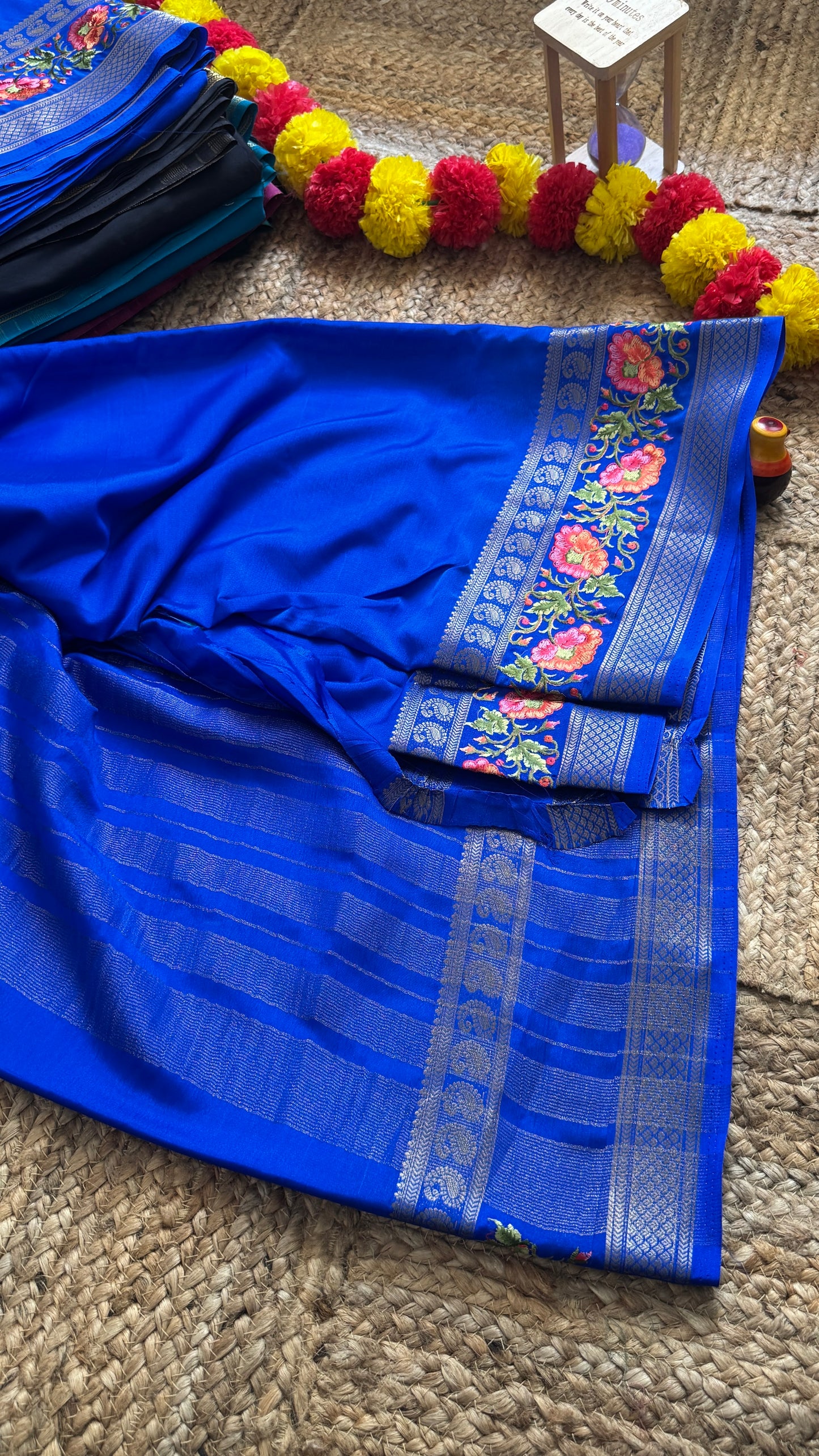 Semi Crepe Silk with Embroidery Floral Print Boarder - Royal Blue