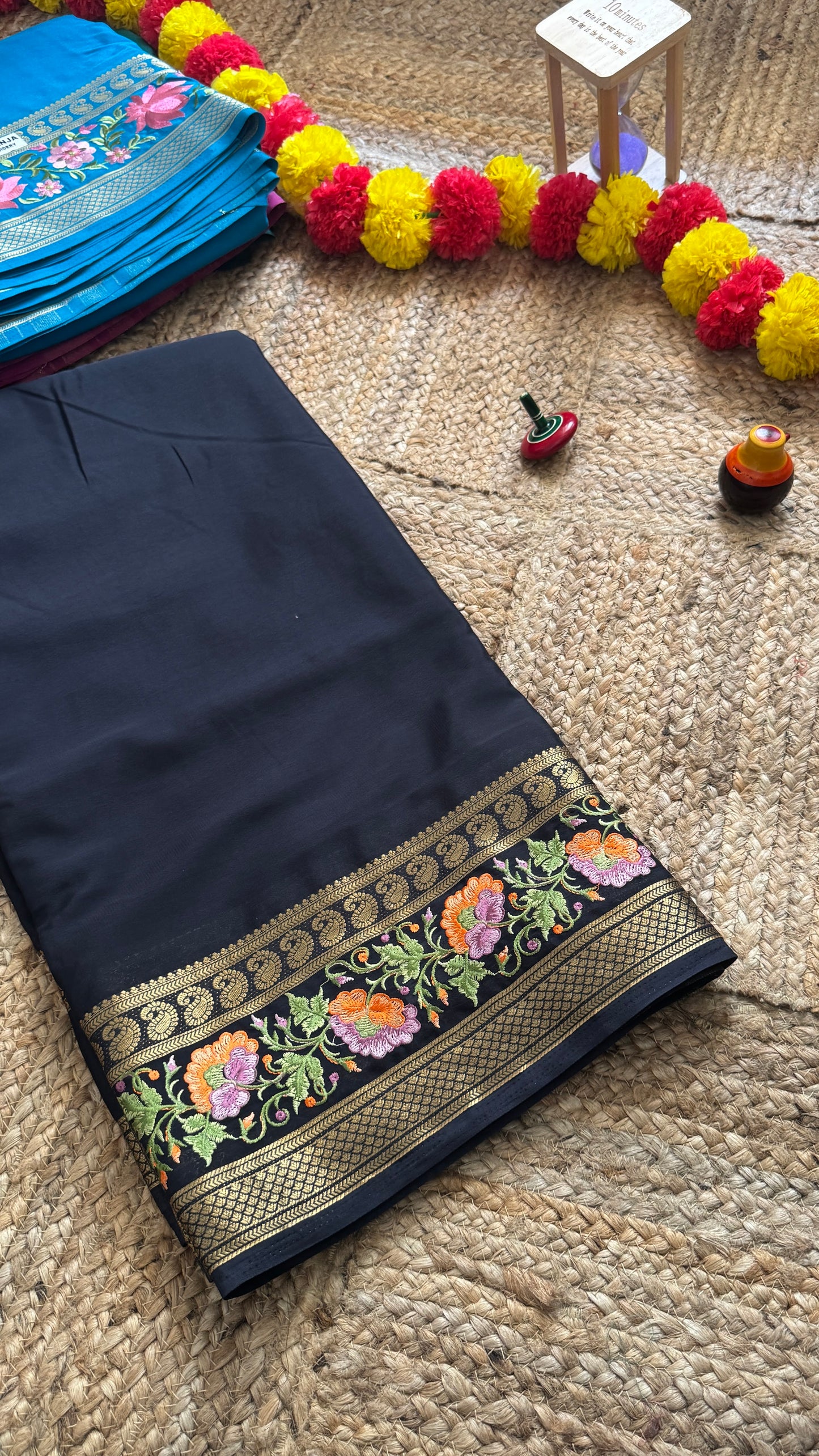 Semi Crepe Silk with Embroidery Floral Print Boarder - Black