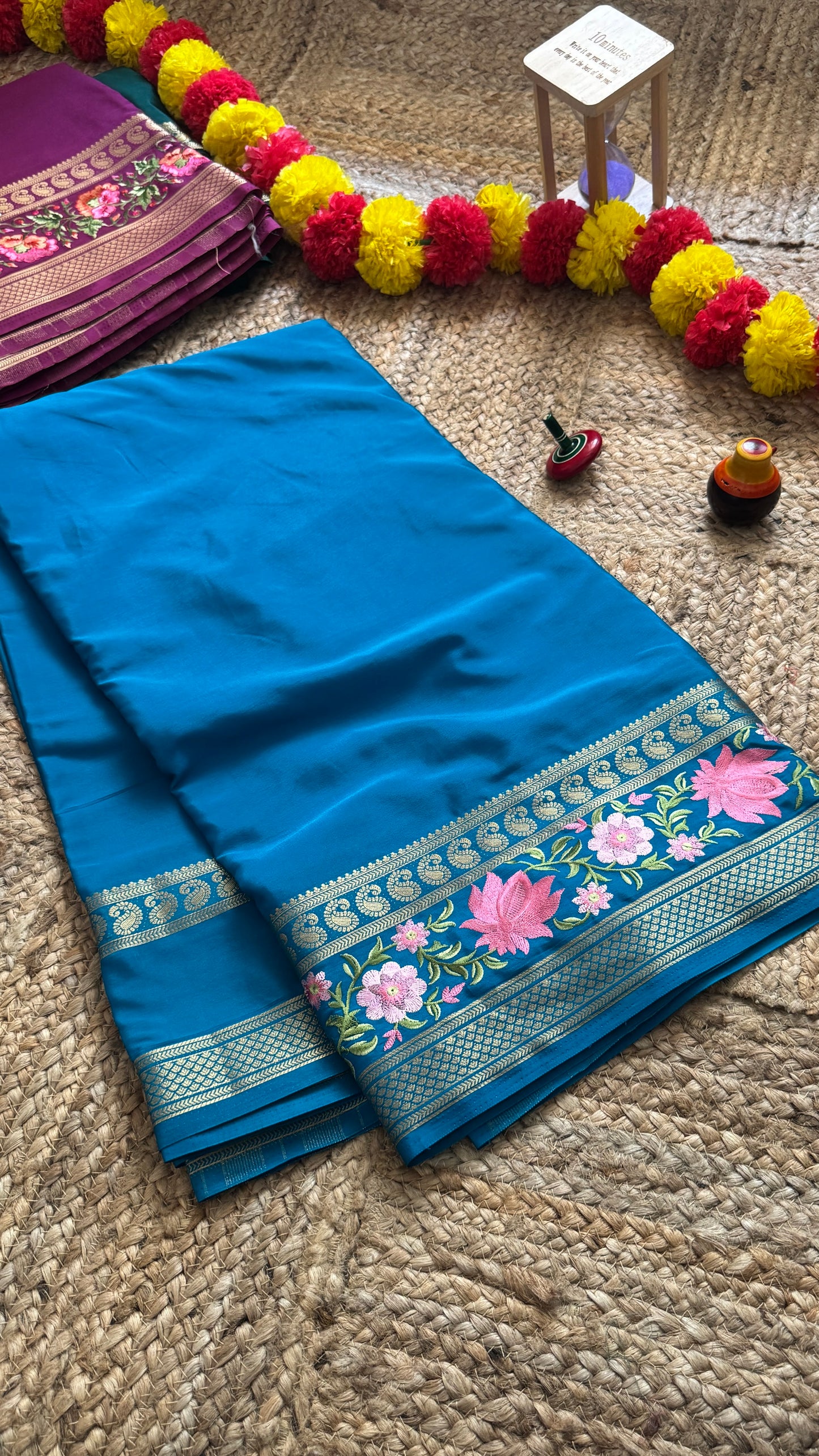 Semi Crepe Silk with Embroidery Floral Print Boarder - Navy Blue