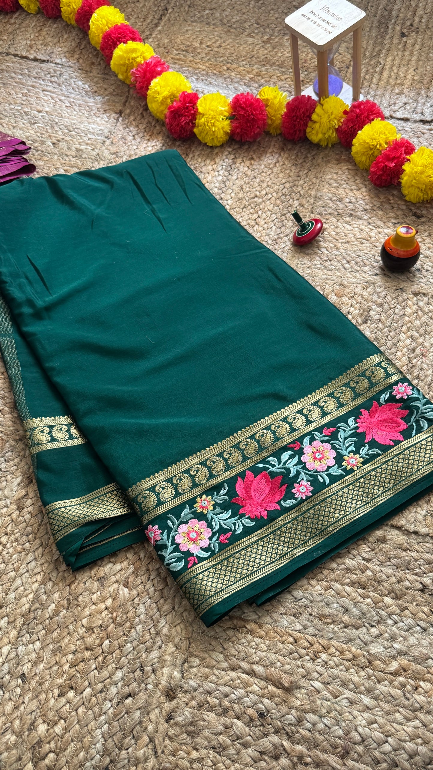 Semi Crepe Silk with Embroidery Floral Print Boarder - Dark Green