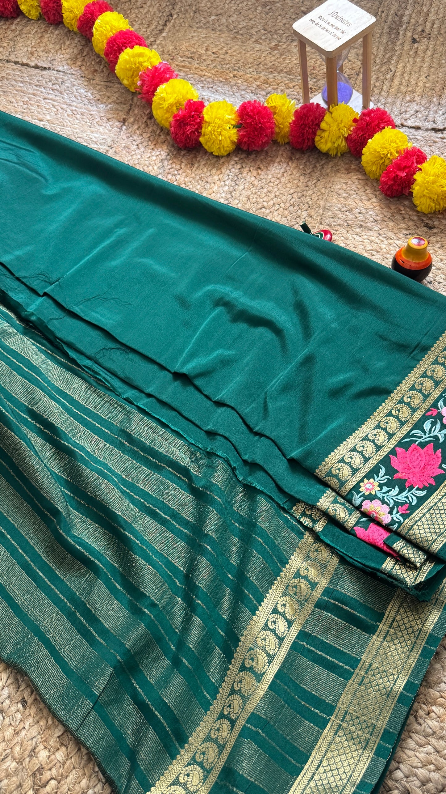 Semi Crepe Silk with Embroidery Floral Print Boarder - Dark Green