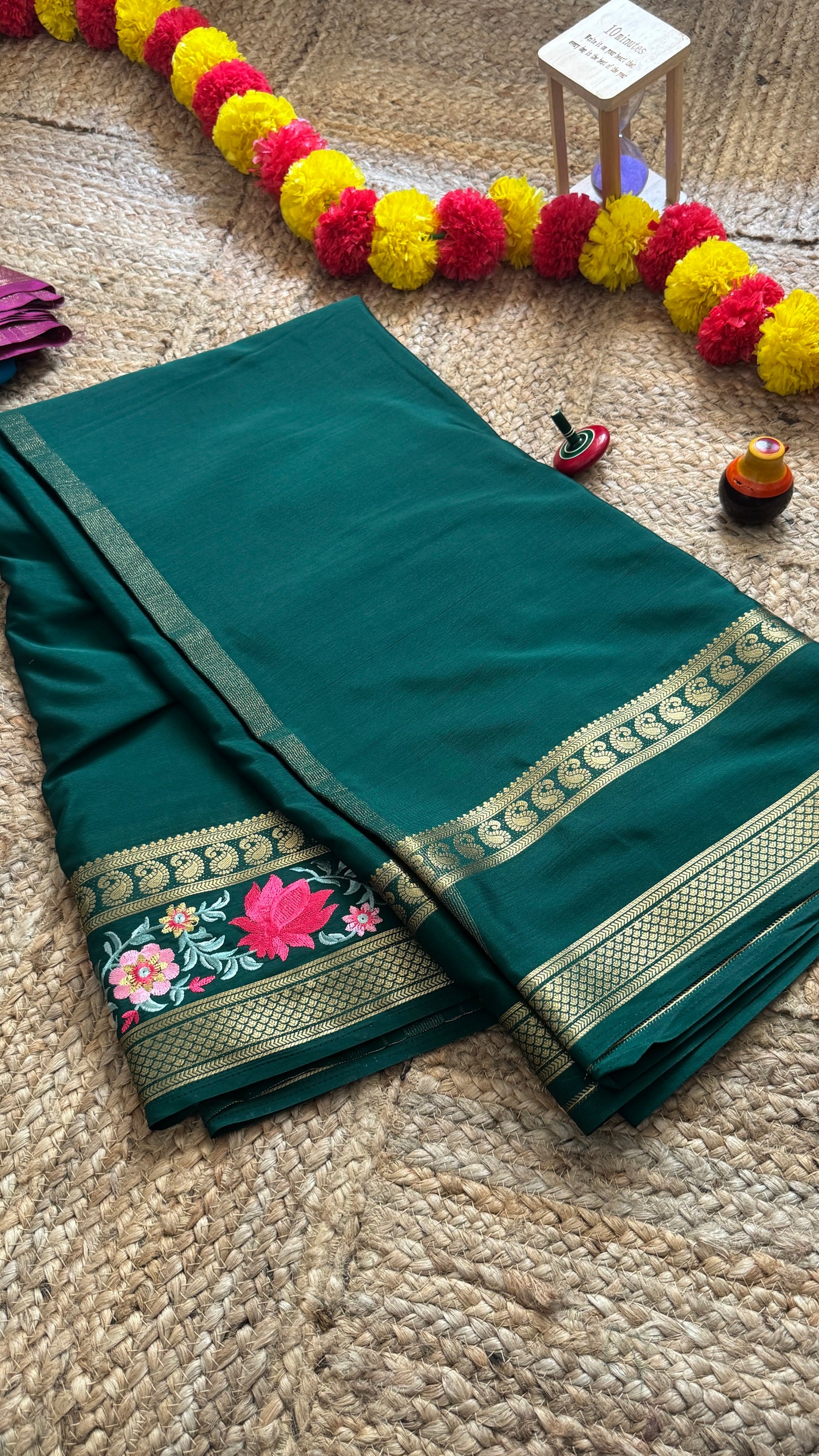 Semi Crepe Silk with Embroidery Floral Print Boarder - Dark Green