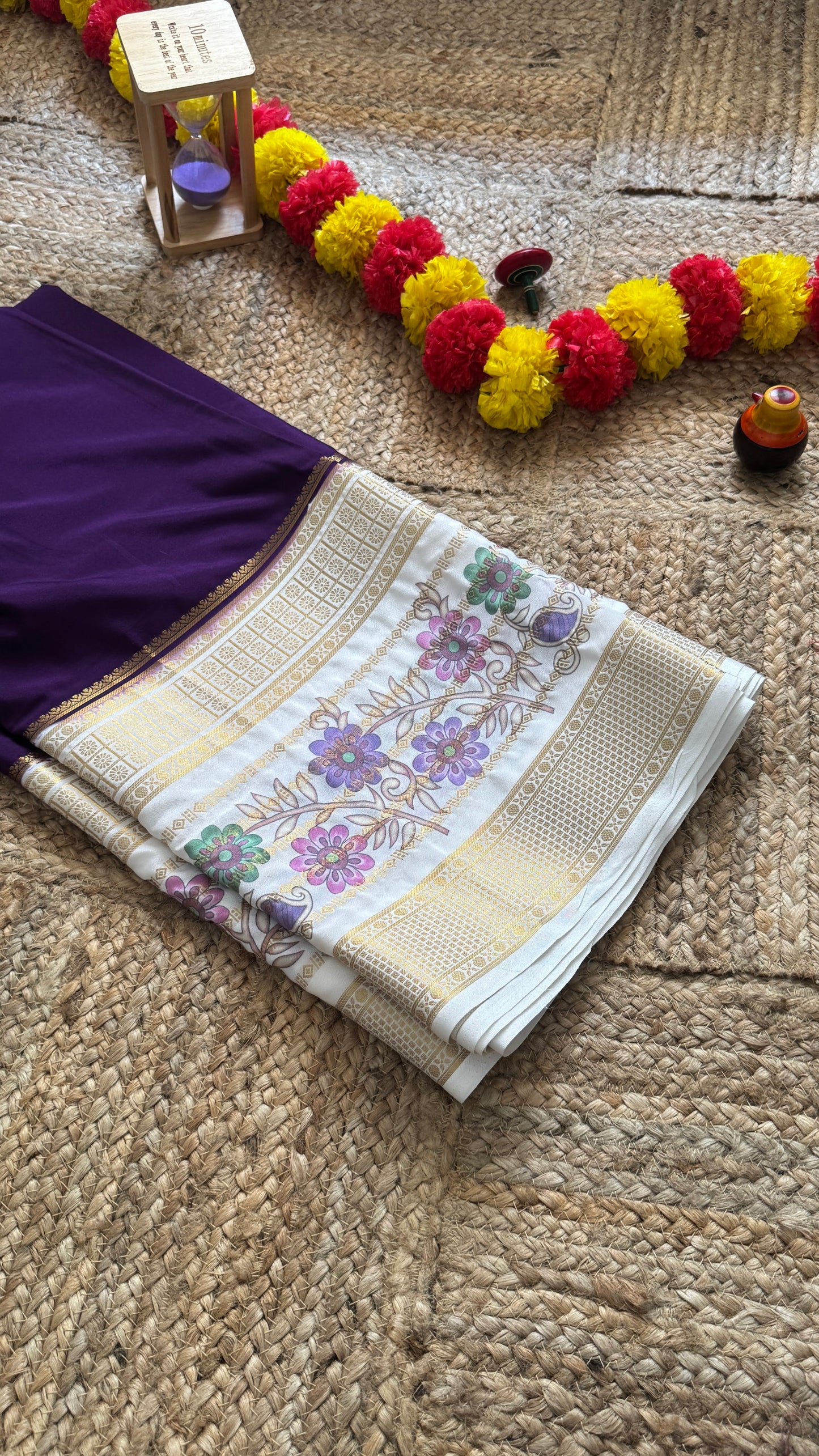 Semi Crepe Silk with Kalamkari Floral Print Boarder -Purple & White