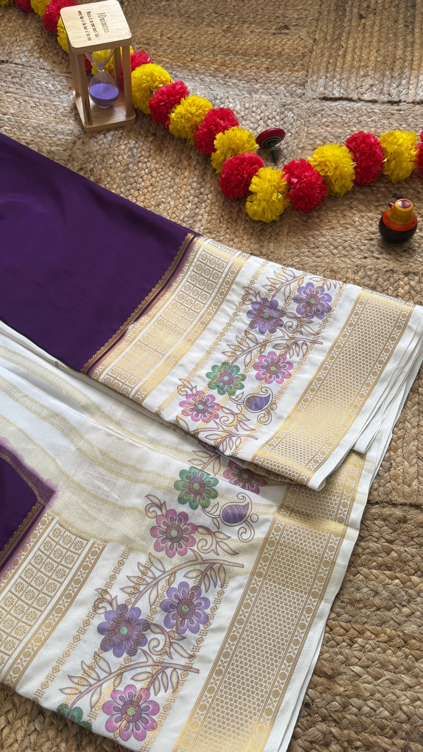 Semi Crepe Silk with Kalamkari Floral Print Boarder -Purple & White
