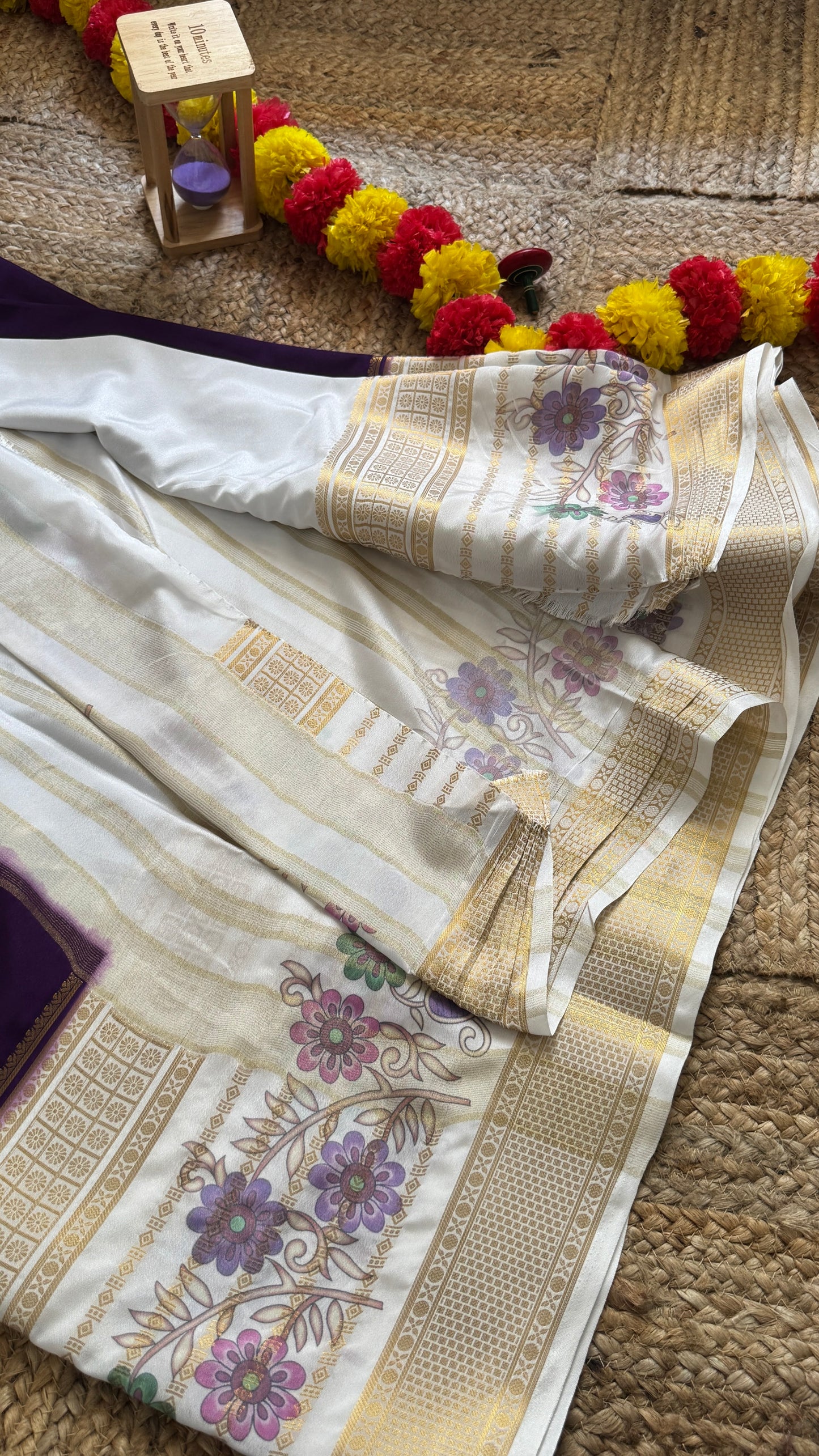 Semi Crepe Silk with Kalamkari Floral Print Boarder -Purple & White