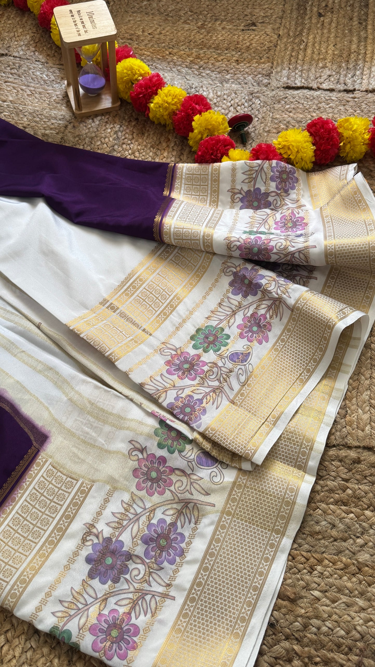 Semi Crepe Silk with Kalamkari Floral Print Boarder -Purple & White