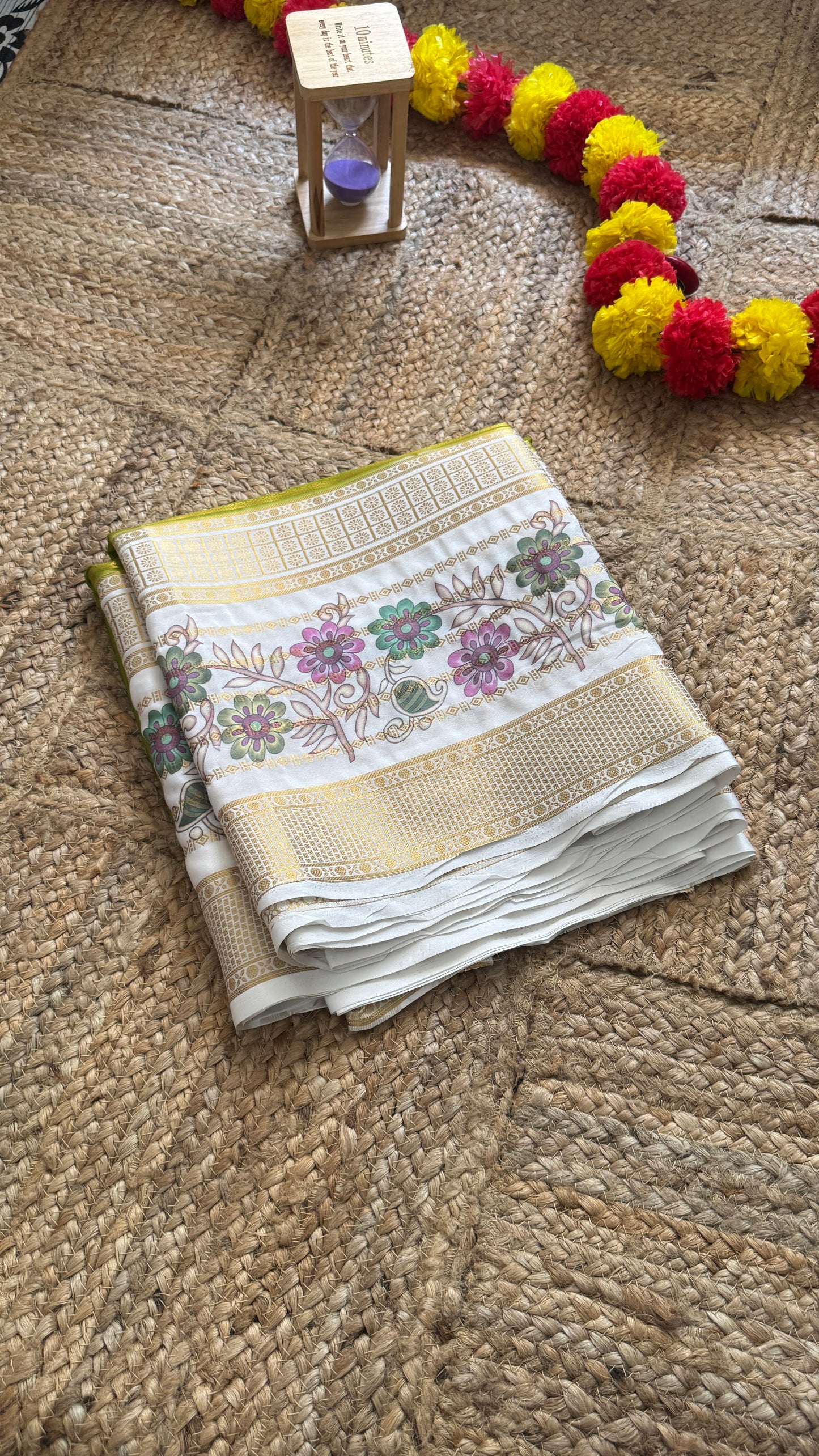 Semi Crepe Silk with Kalamkari Floral Print Boarder - Olive & White