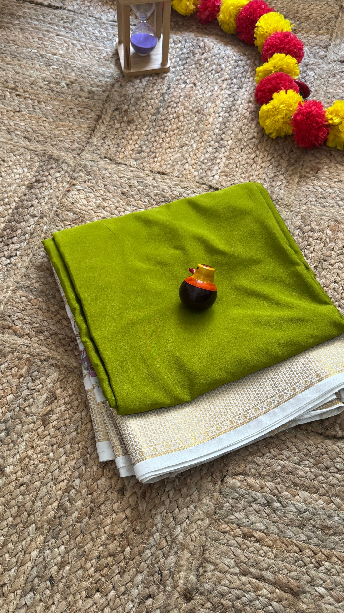 Semi Crepe Silk with Kalamkari Floral Print Boarder - Olive & White