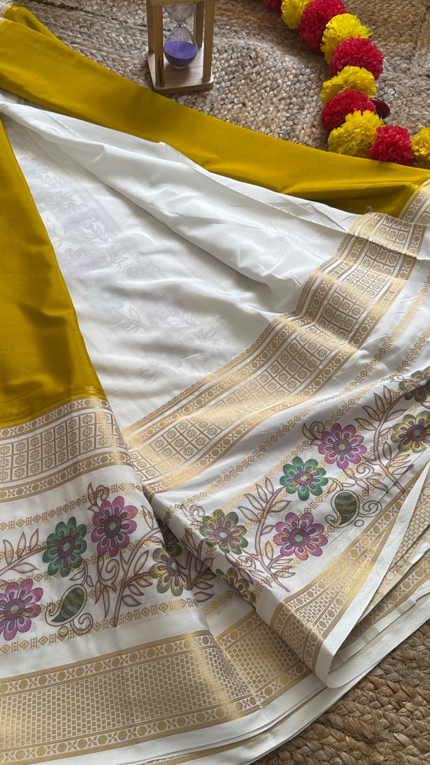 Semi Crepe Silk with Kalamkari Floral Print Boarder - Mustard & White
