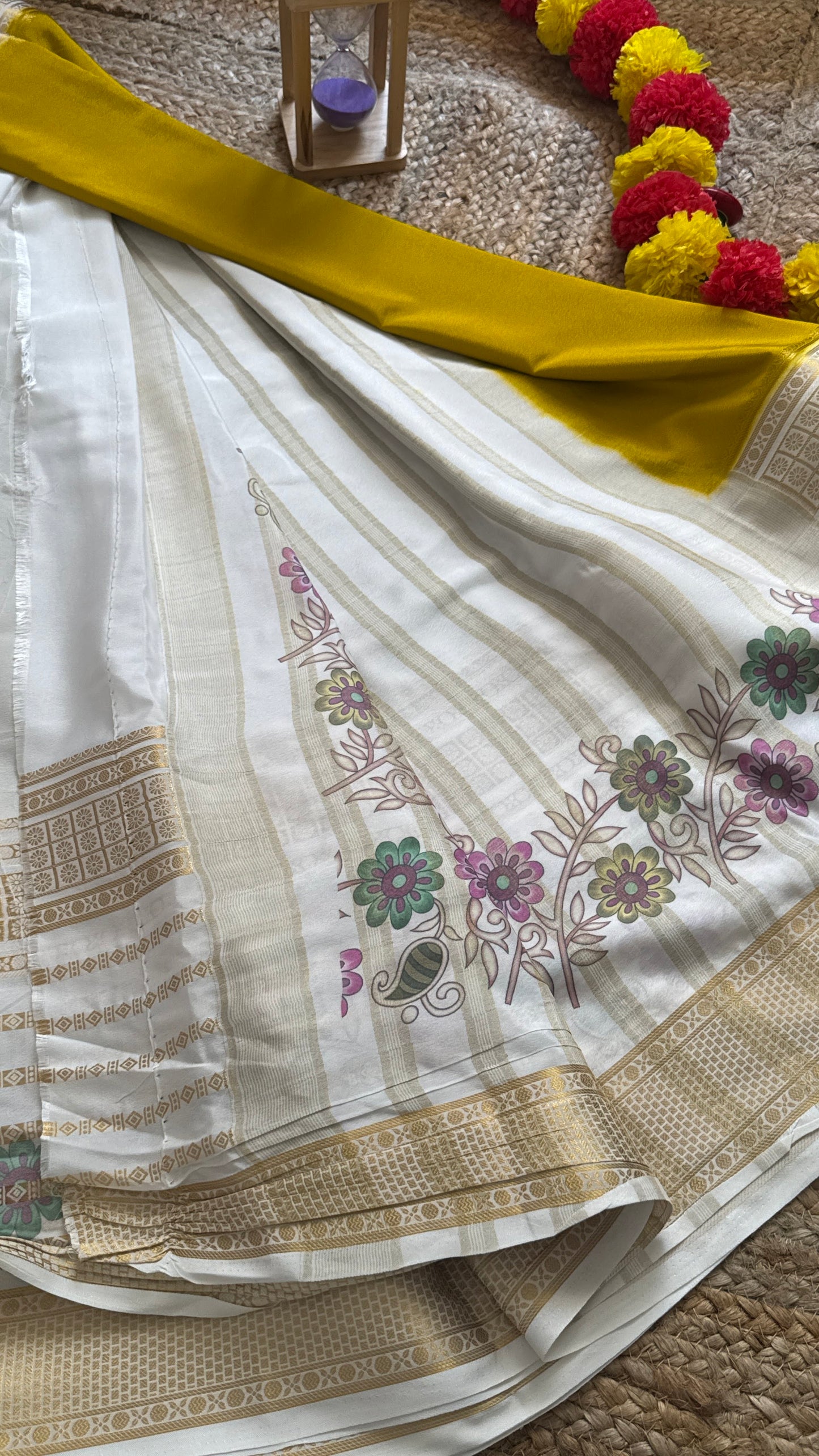 Semi Crepe Silk with Kalamkari Floral Print Boarder - Mustard & White