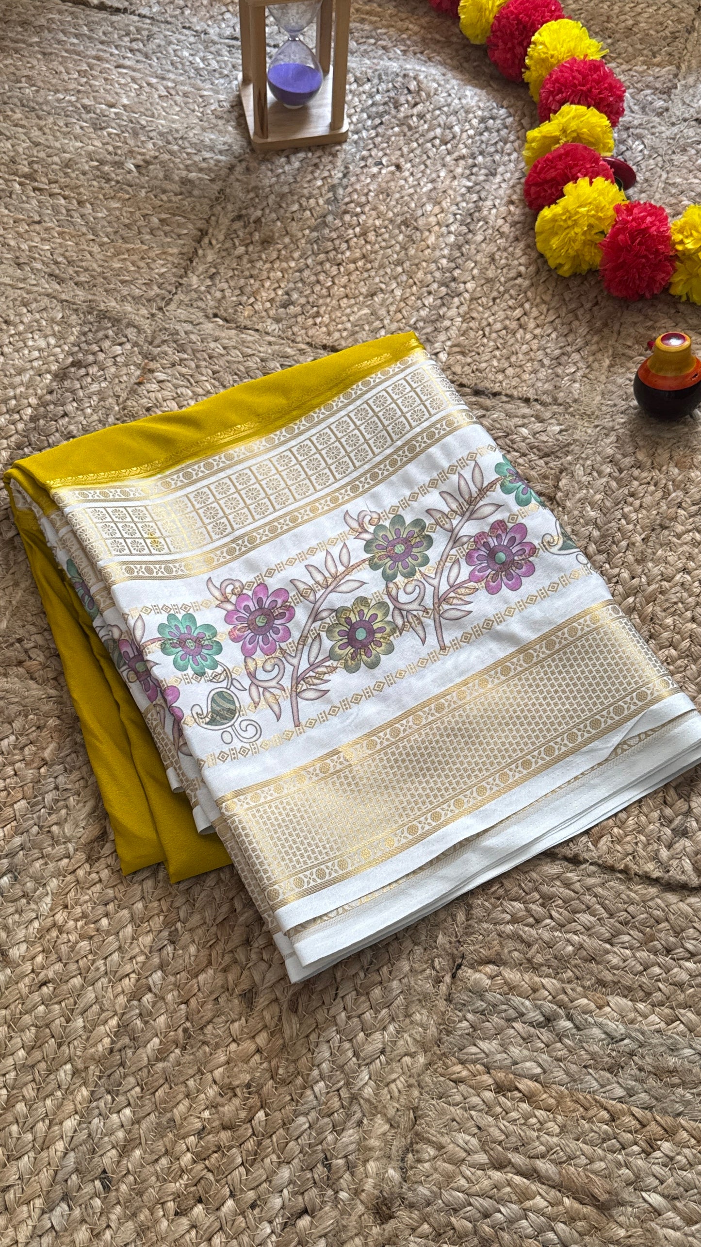 Semi Crepe Silk with Kalamkari Floral Print Boarder - Mustard & White