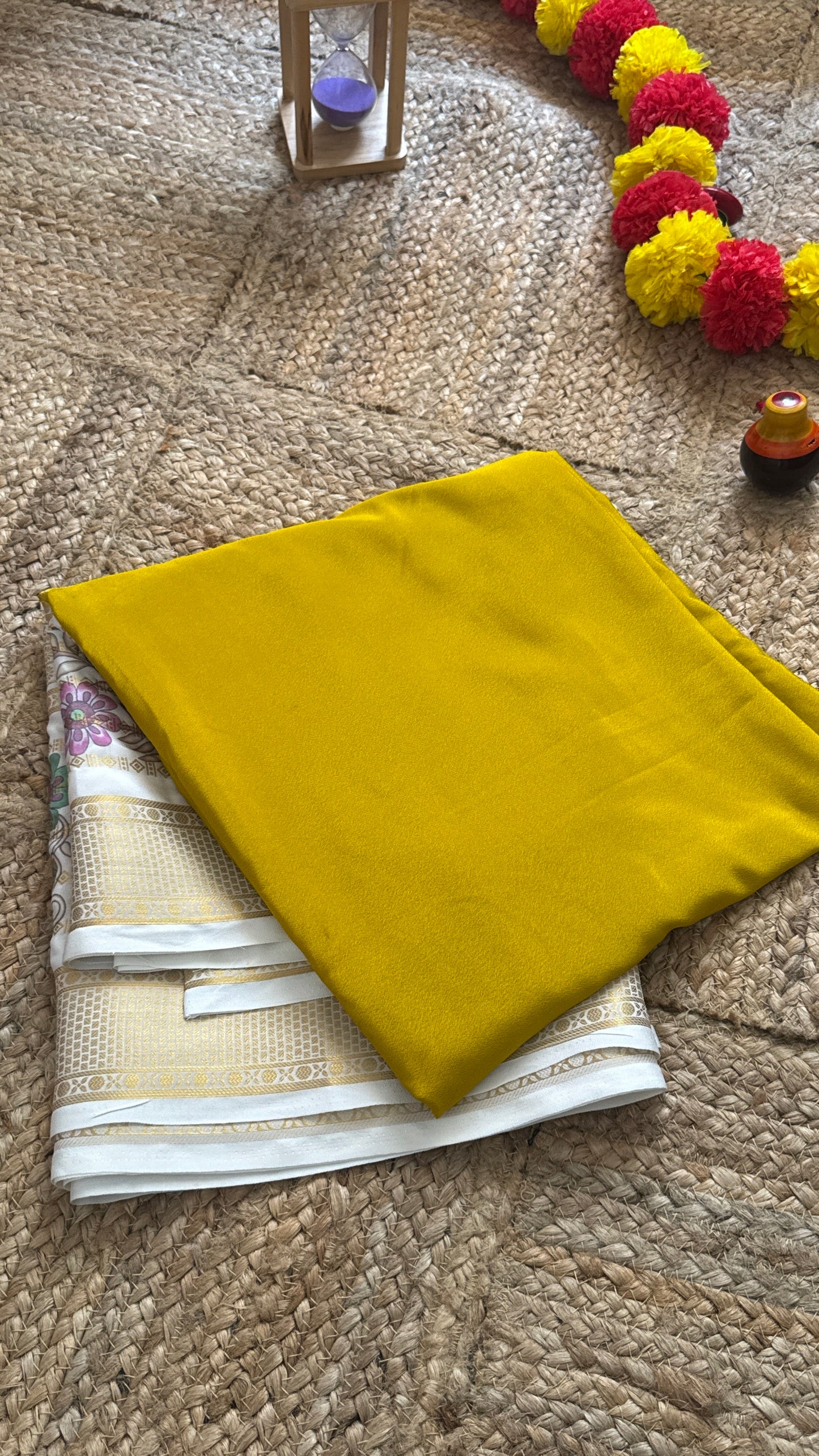 Semi Crepe Silk with Kalamkari Floral Print Boarder - Mustard & White