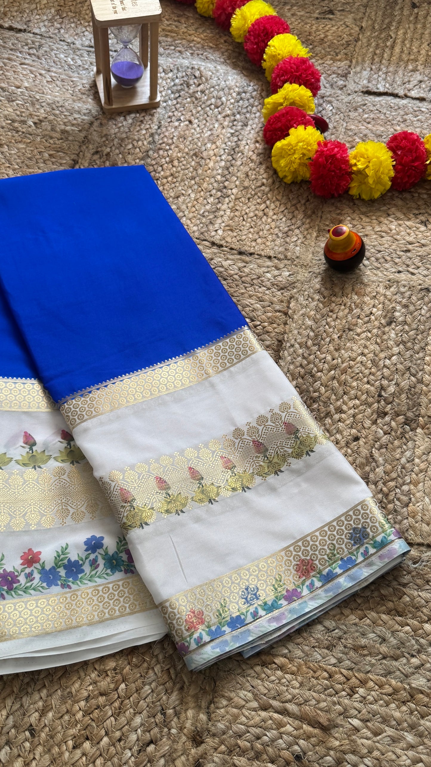 Semi Crepe Silk with Kalamkari Floral Boarder - Royal Blue & White