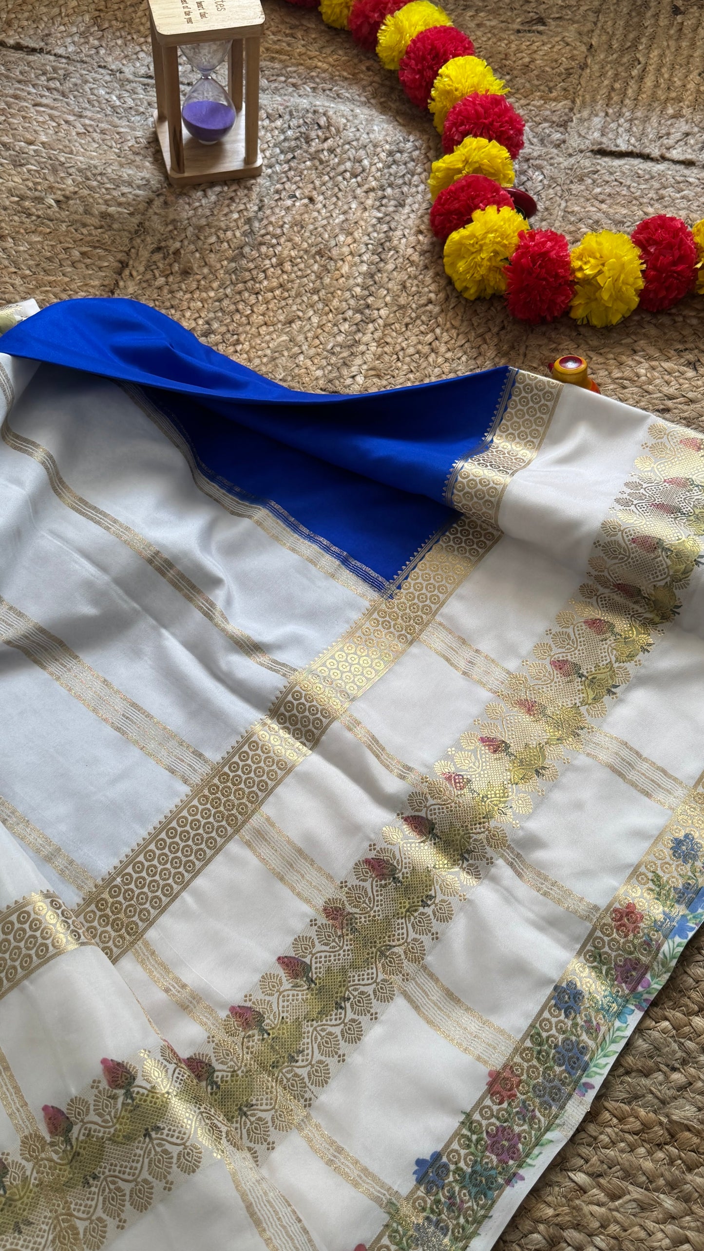 Semi Crepe Silk with Kalamkari Floral Boarder - Royal Blue & White