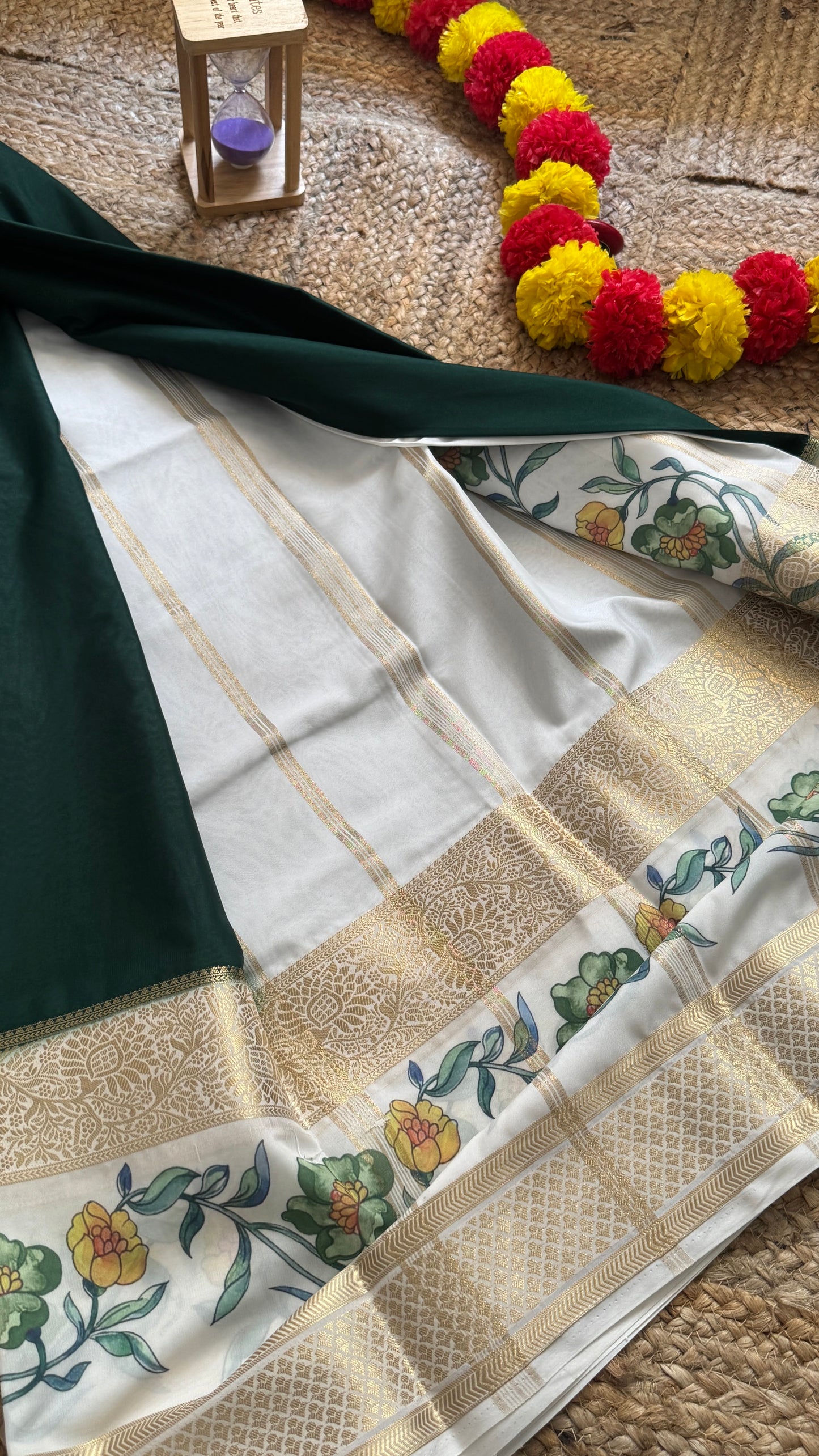 Semi Crepe Silk with Kalamkari Floral Boarder - Dark Green & White